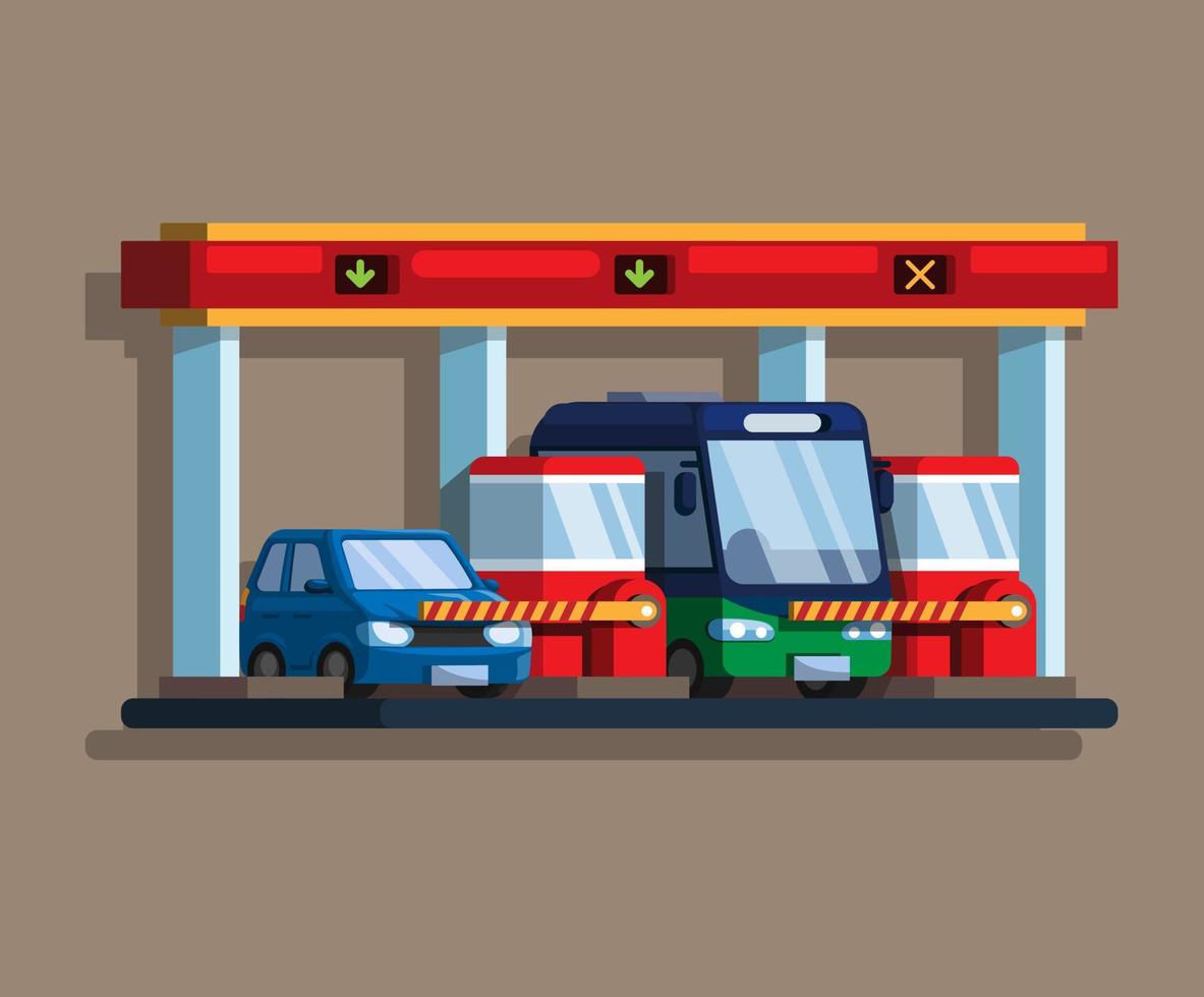 peaje de la autopista o puerta de estacionamiento con vector de ilustración plana de ilustración de automóvil y autobús