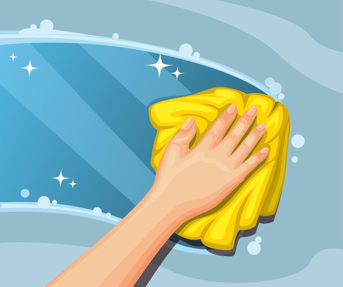 Limpiar a mano vidrio sucio limpiar la ventana de la casa o el automóvil con concepto de tela en el vector de ilustración de dibujos animados