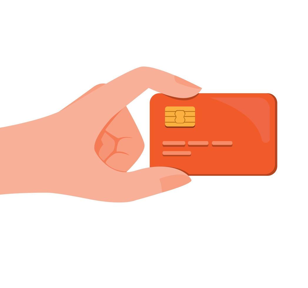 Hand holding credit card, debit card or sim card cartoon flat illustration vector