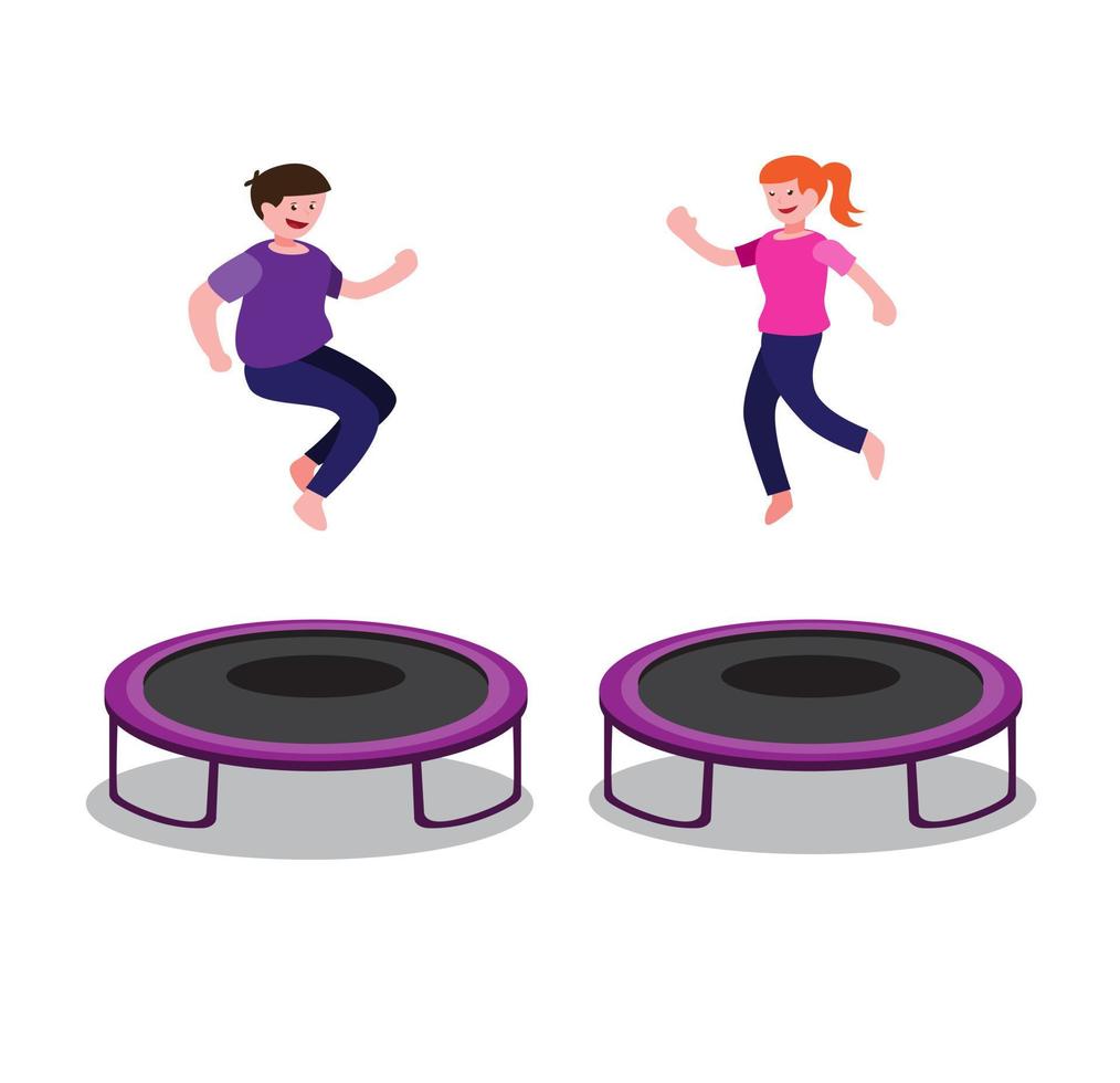 boy and girl playing trampoline, indoor or arena sport for exercise and recreation cartoon flat illustration vector