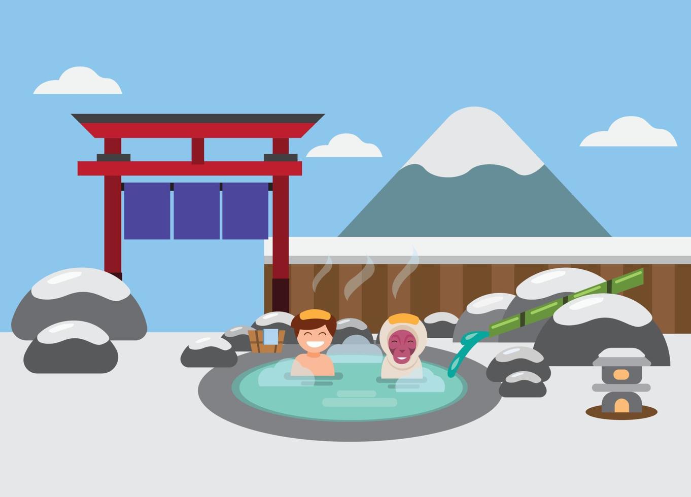 onsen japan, man and macaque monkey relax in hot spring flat illustration vector
