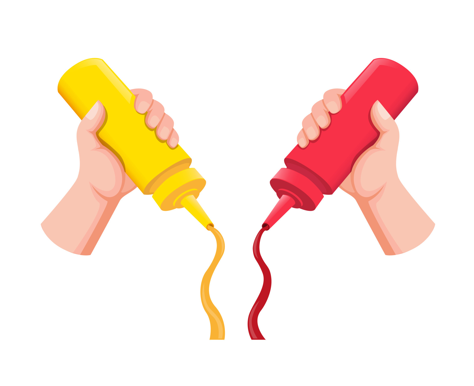 hand holding and squeezing mustard and ketchup bottle plastic on food in cartoon flat illustration vector 4596146 Vector Art at Vecteezy hand holding and squeezing mustard and ketchup bottle plastic on food in cartoon flat illustration vector 4596146 Vector Art at Vecteezy