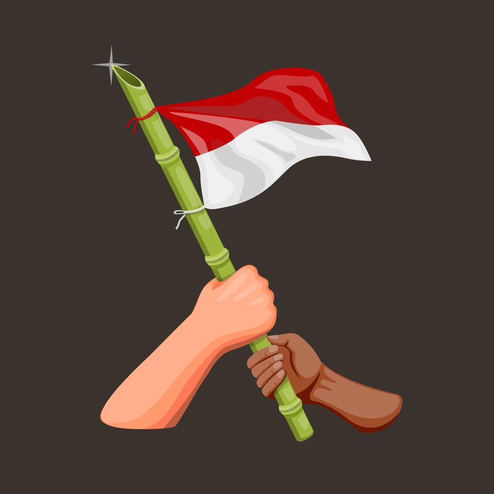 hand holding indonesian with sharpened bamboo in pole symbol for celebrating independence day in 17 august 1945 concept in cartoon illustration vector