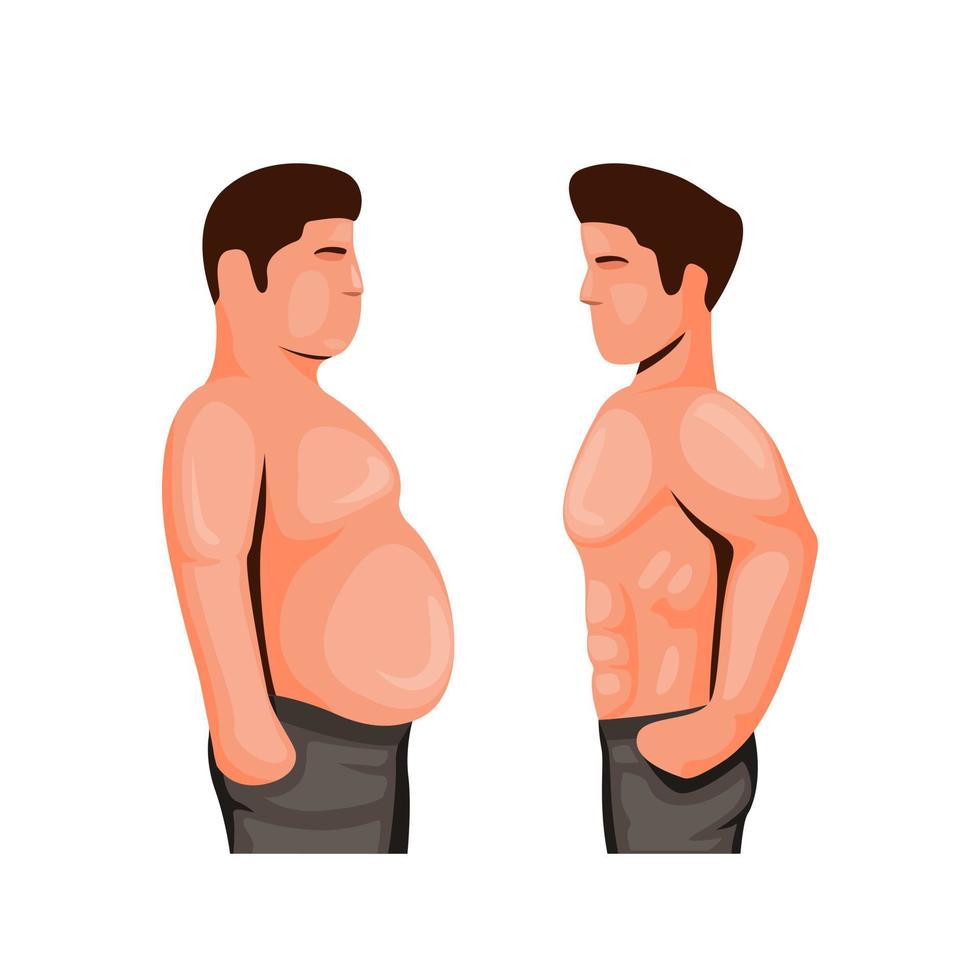 man body fat and muscle comparison symbol concept in cartoon illustration vector on white background