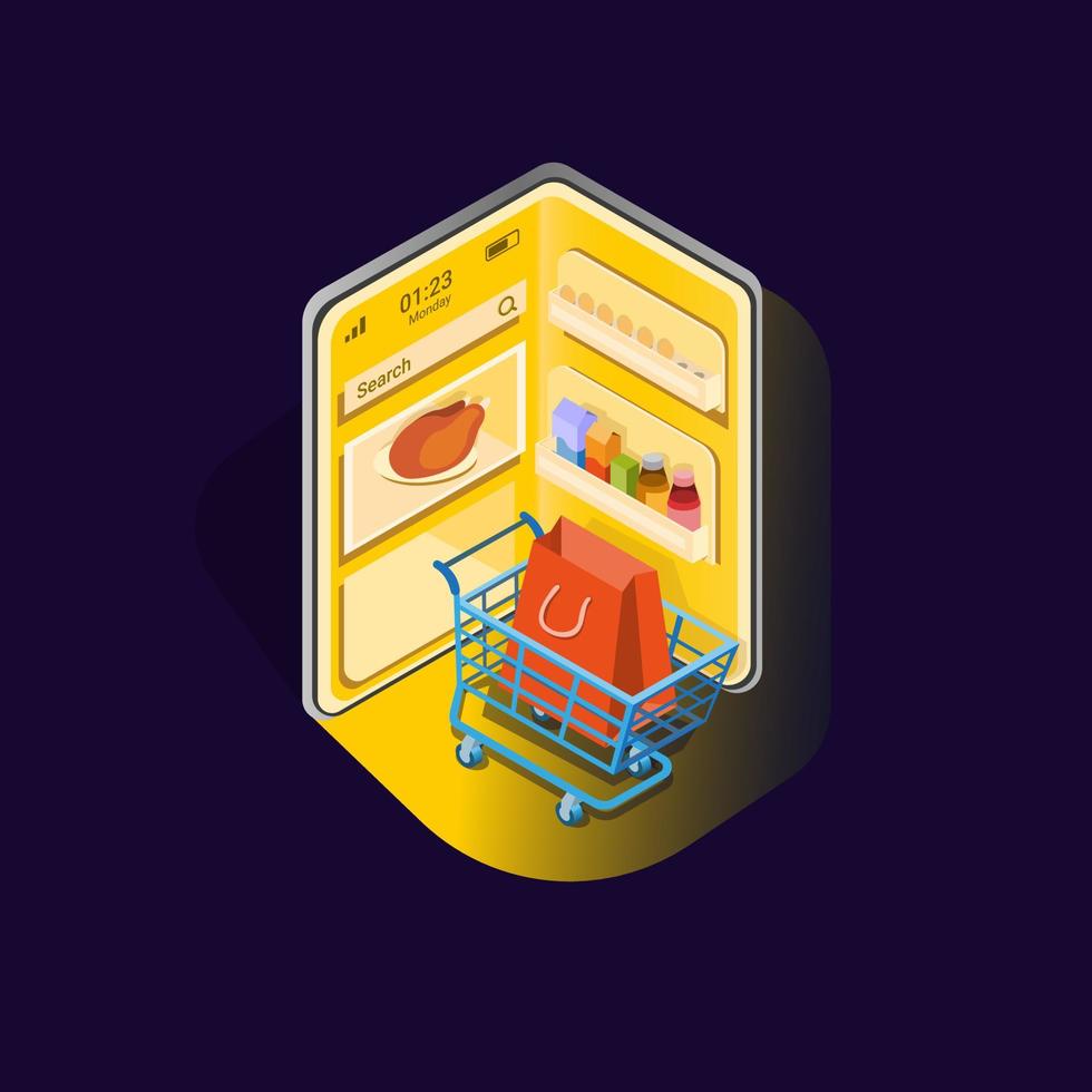 Abra el refrigerador en el teléfono inteligente con carrito de compras, símbolo para el vector de ilustración isométrica de la aplicación de alimentos de la tienda en línea