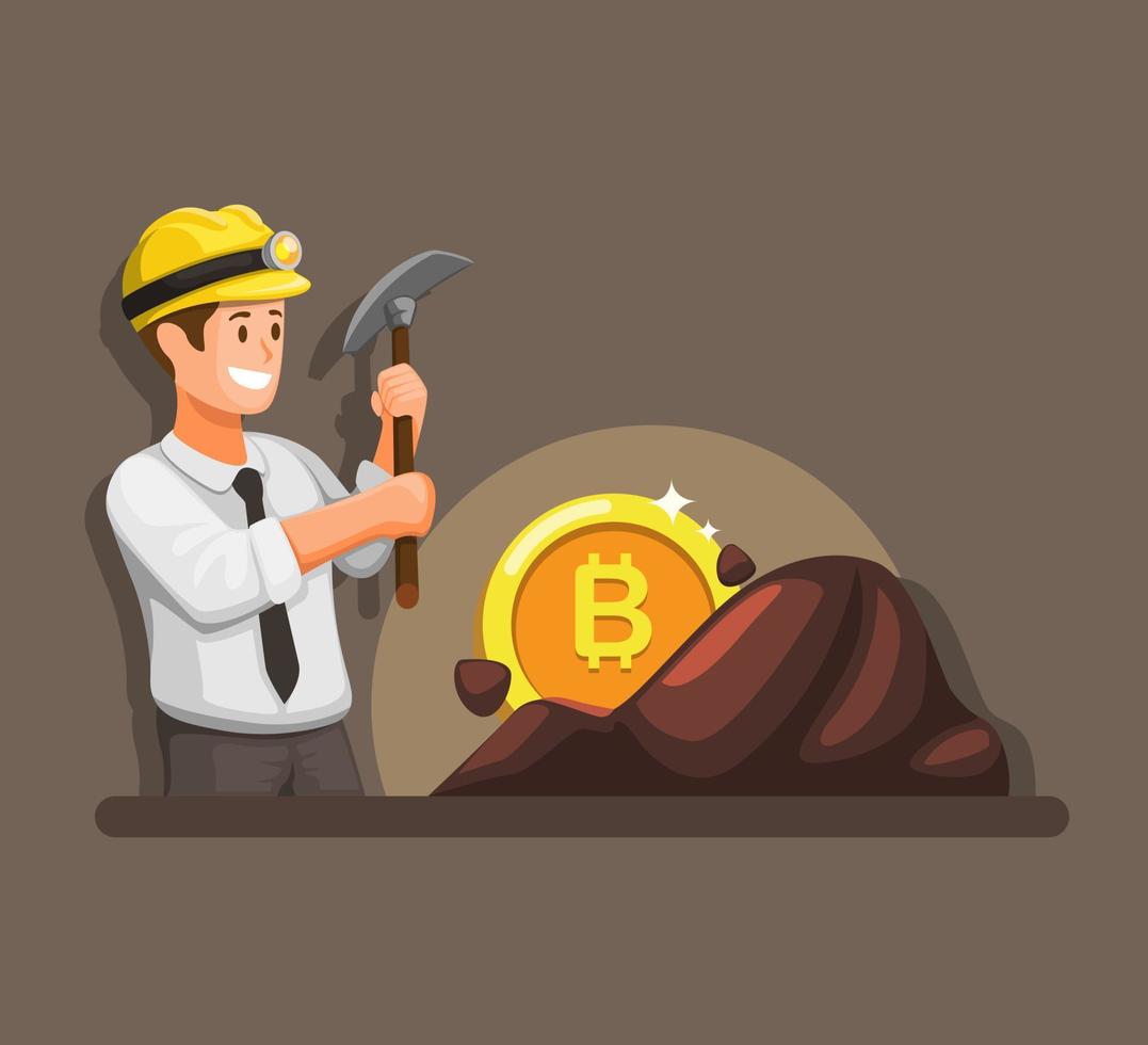 Businessman mining bitcoin, cryptocurrency financial business concept in cartoon illustration vector