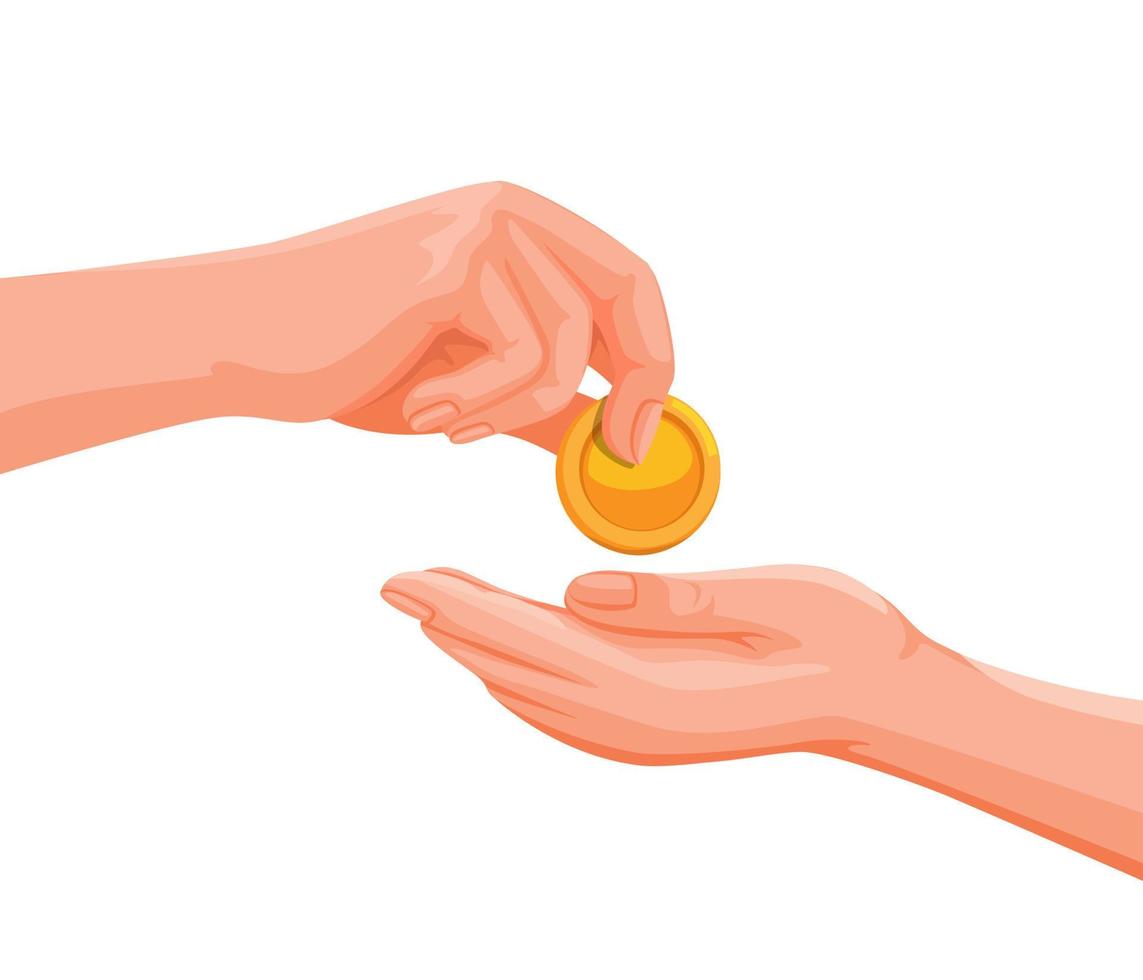 Hand giving coin of money to another person, donation and help symbol illustration in cartoon vector isolated in white background