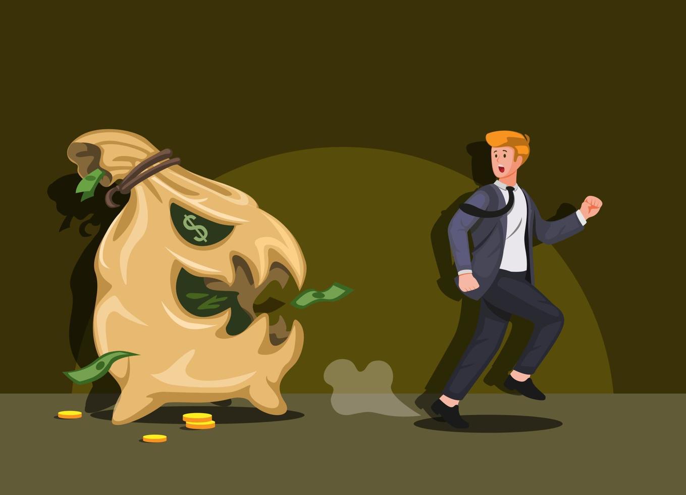 hombre corriendo de bolsa de pila de dinero monstruo. Metáfora deuda o impuesto en vector de ilustración de dibujos animados de finanzas empresariales