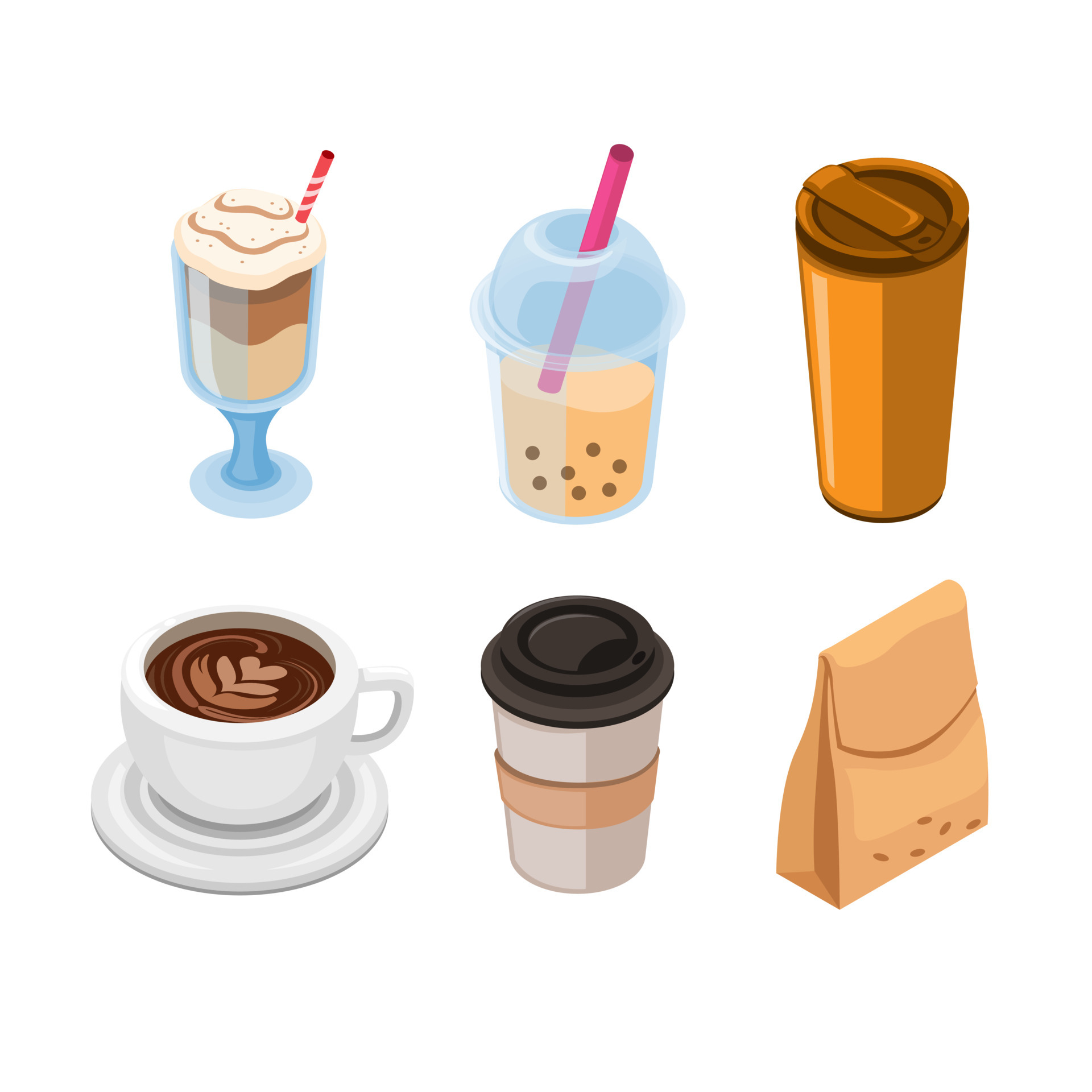 coffee shop product packaging icon set in isometric style illustration