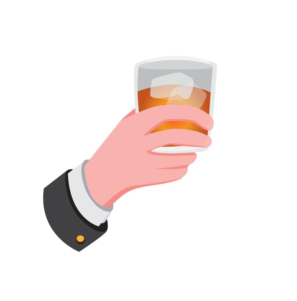 mano de hombre de negocios sosteniendo un vaso de whisky o ron con cubitos de hielo. Copa de bebida de alcohol para la celebración de lujo, bebida de fiesta, tiro con líquido naranja, vector de ilustración plana de dibujos animados aislado