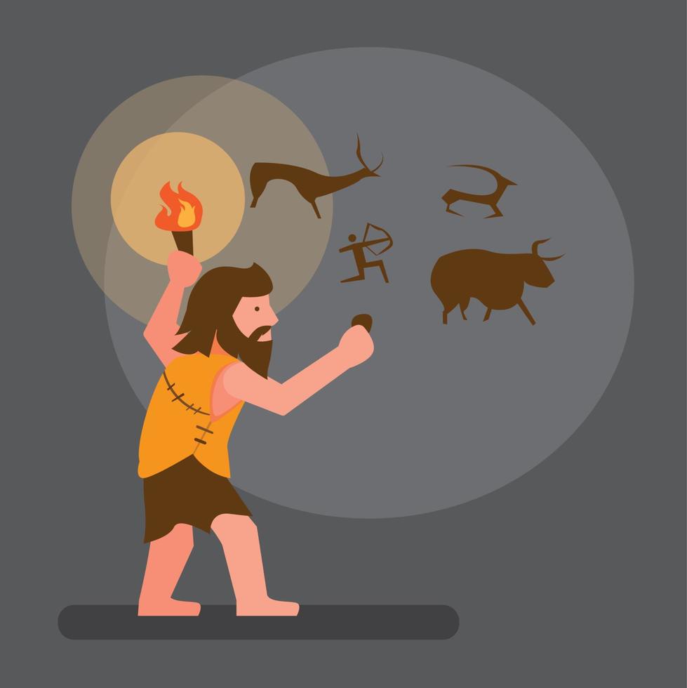 ancient human drawing in cave flat illustration vector