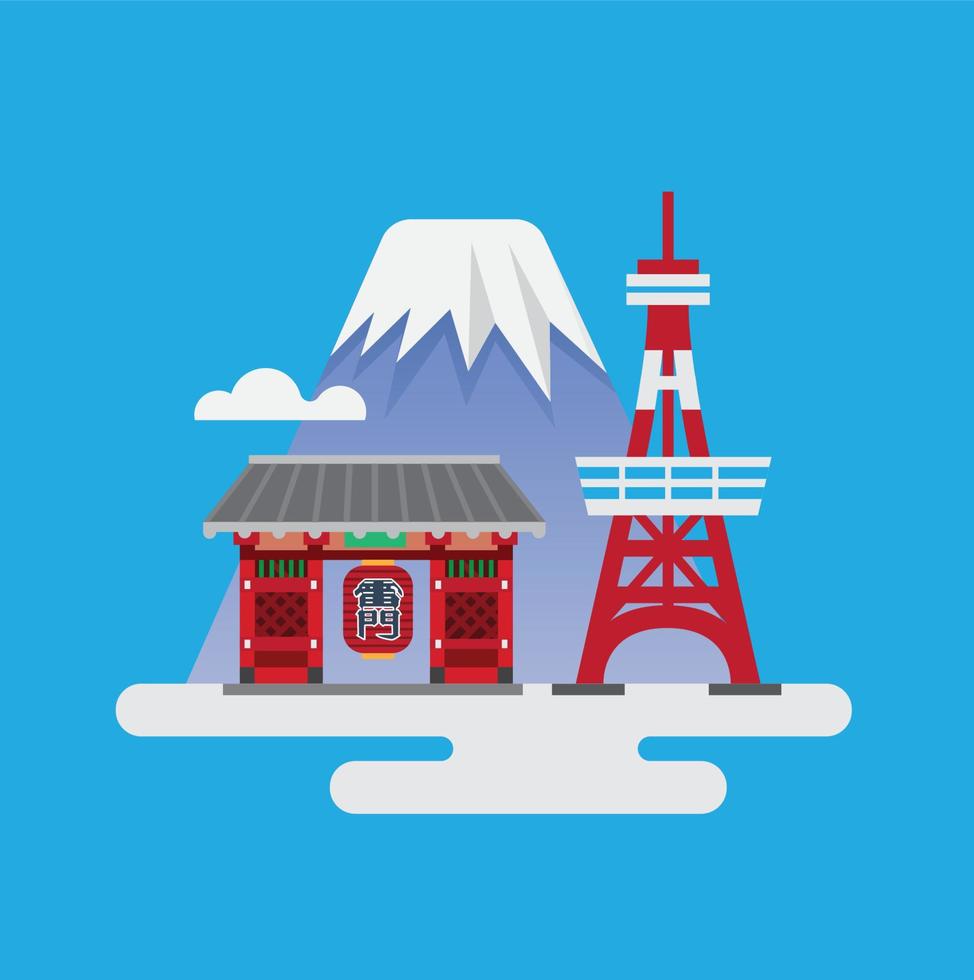 japan landmark, tokyo tower, kaminarimon gate and mt fuji, flat vector illustration