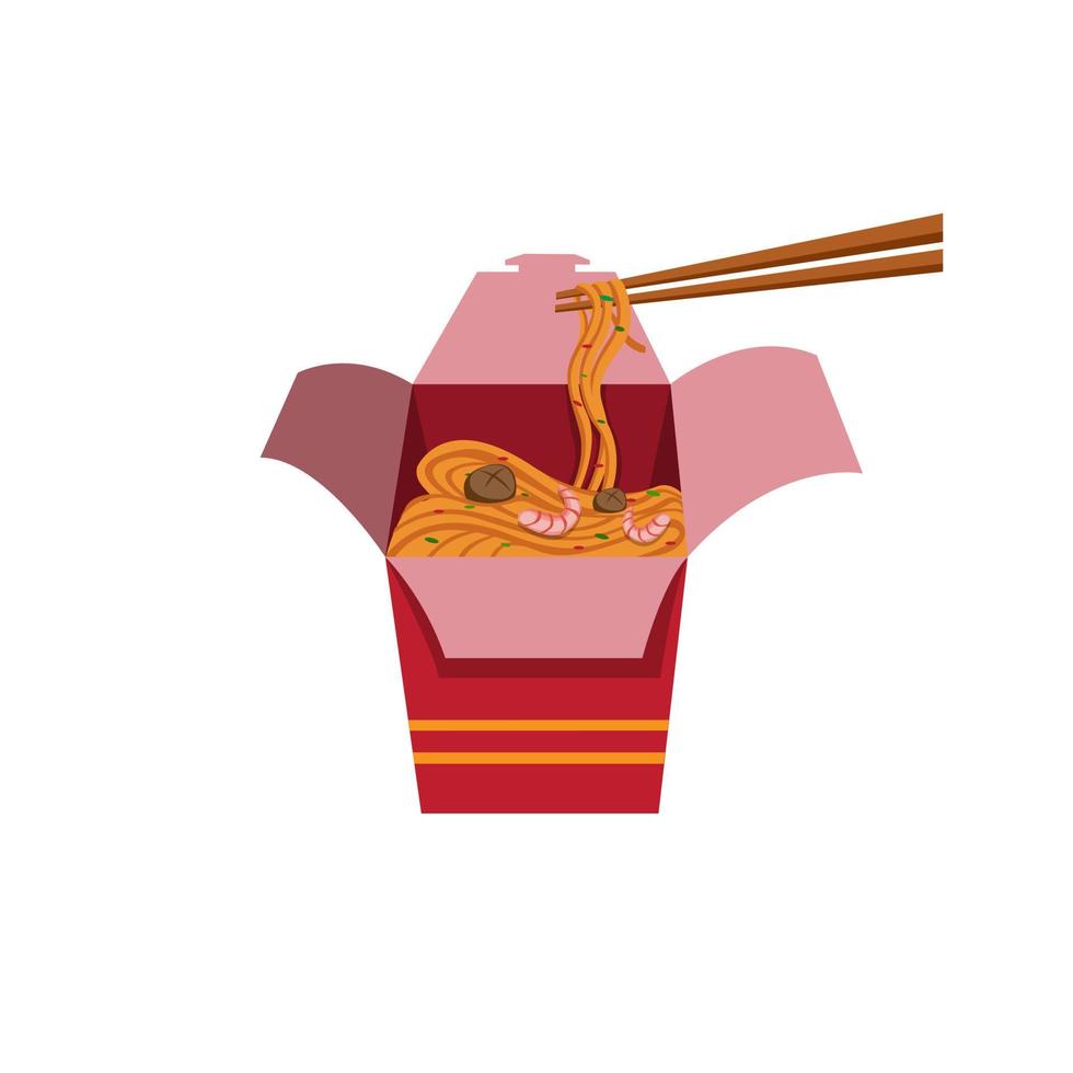 noodle with meatball and shrimp in box, chinese food cartoon flat illustration vector