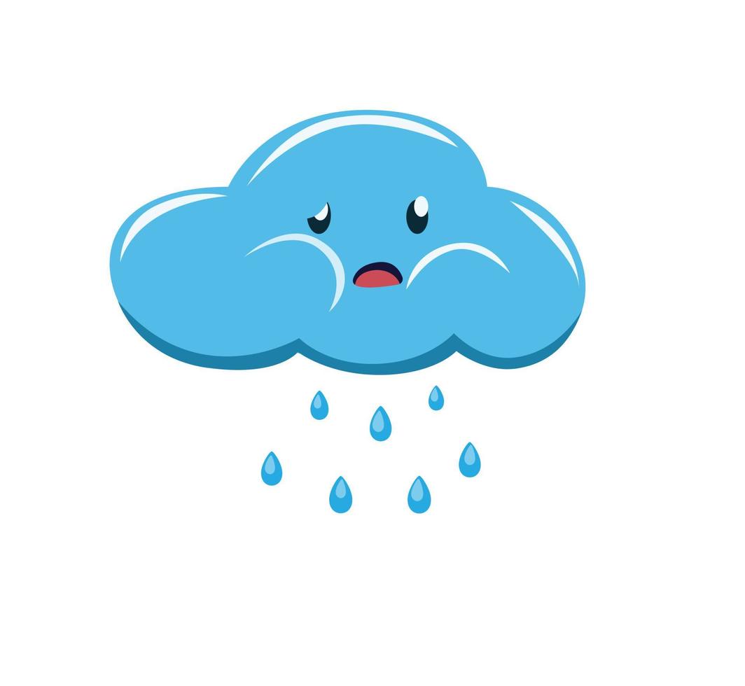 nube llorando y haciendo lluvia, nube emoticon triste caricatura vector ilustración plana aislado en fondo blanco