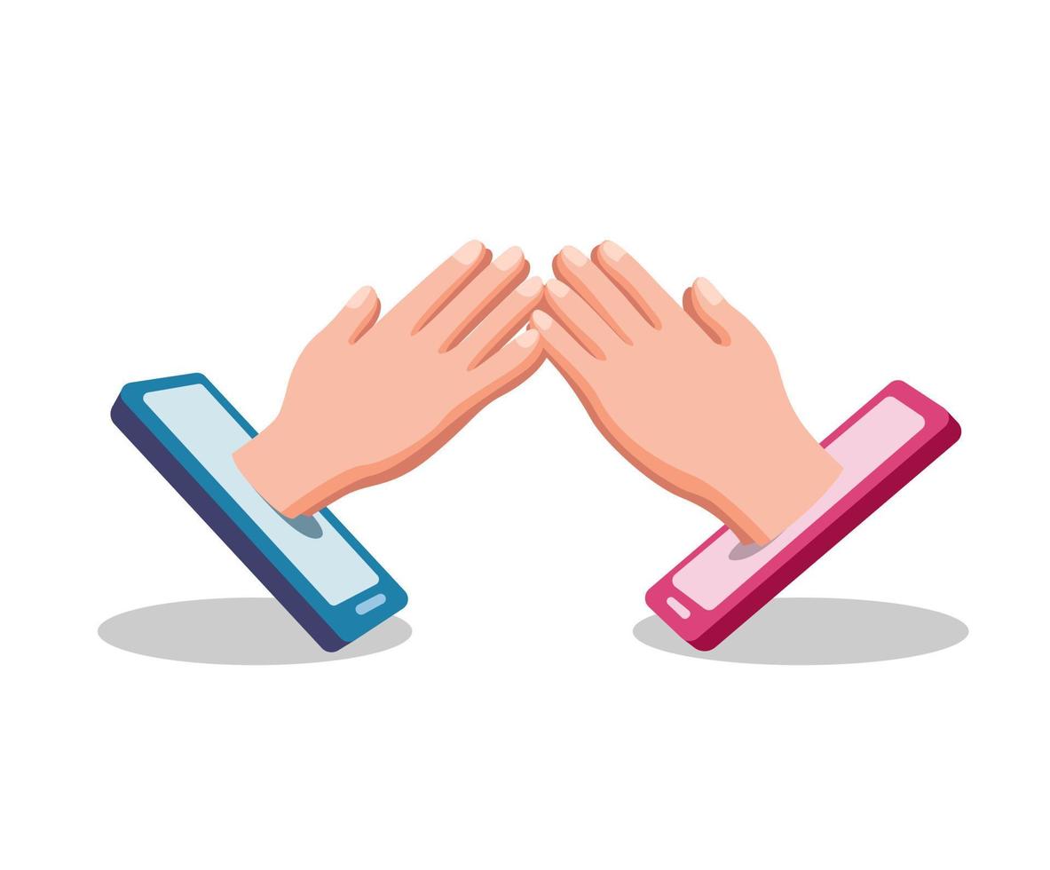 hand shake hand from smartphone symbol people forgive each other in social distancing and ramadan event using technology in cartoon flat illustration vector isolated in white background