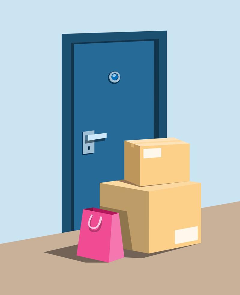 paquete de paquete y bolsa de compras en la puerta principal, símbolo para la entrega de compras en línea y conocimiento del concepto de robo de paquetes en el vector de ilustración de dibujos animados