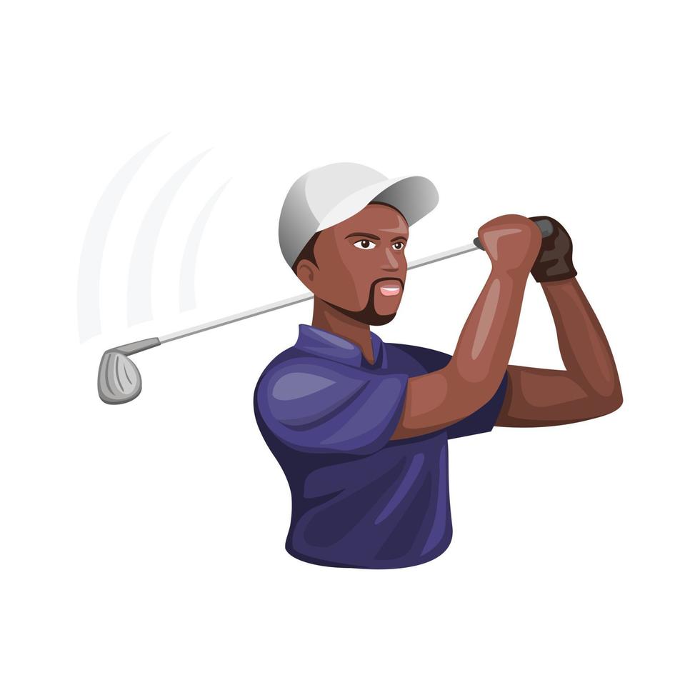 man golf athlete character, dark skin man playing and swing stick golf