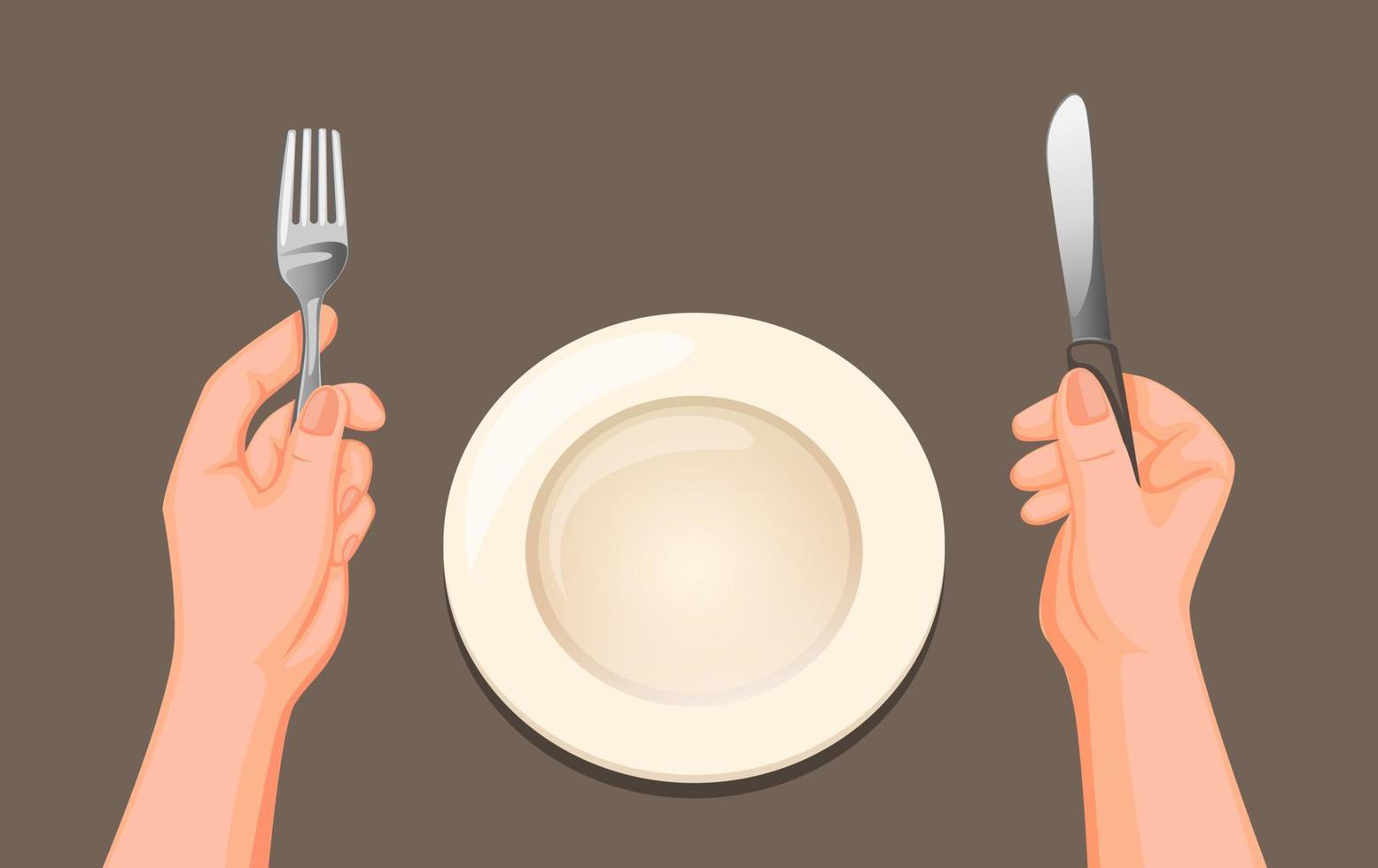 Mano sujetando cuchillo y tenedor con cubiertos de plato desde la vista superior símbolo listo para comer en vector de ilustración de dibujos animados