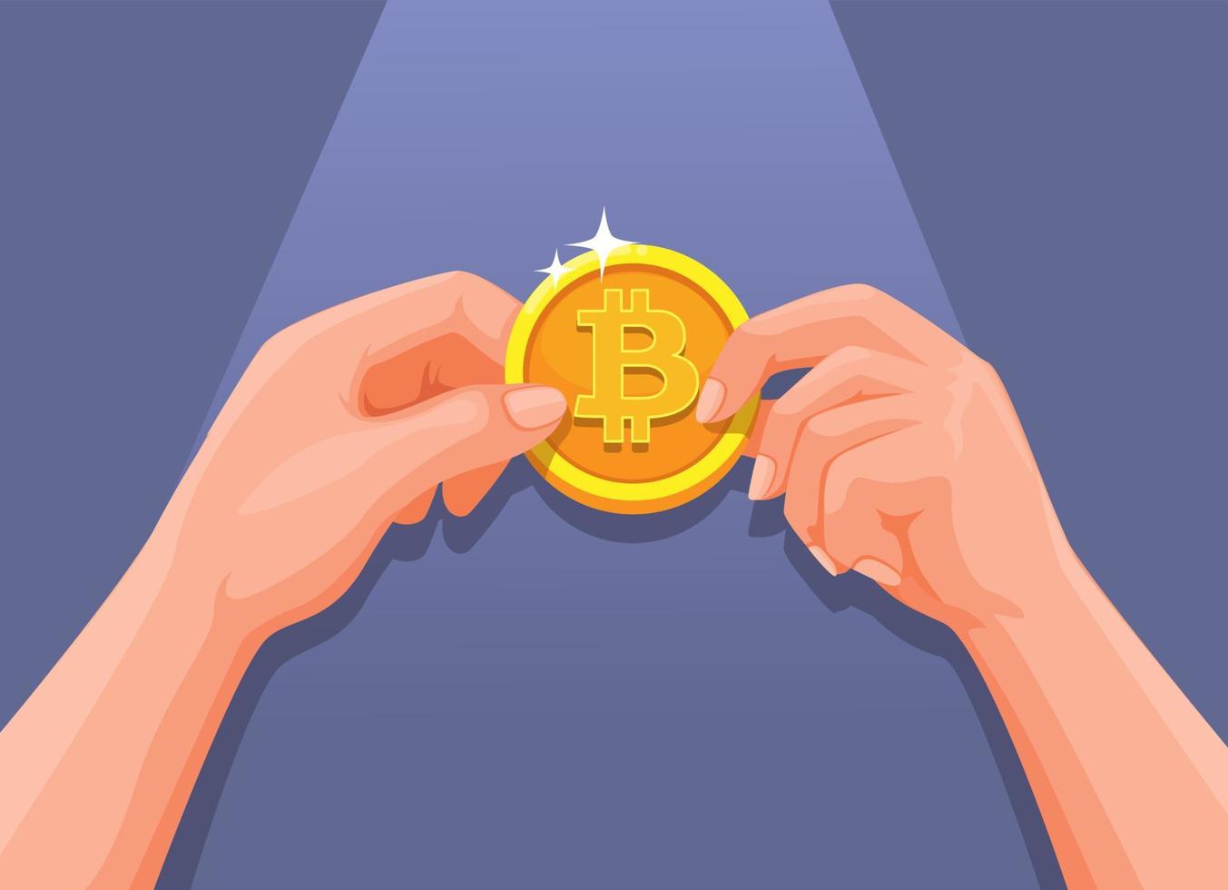 dos manos sosteniendo bitcoin. vector de ilustración de dibujos animados de símbolo de transacción de criptomoneda