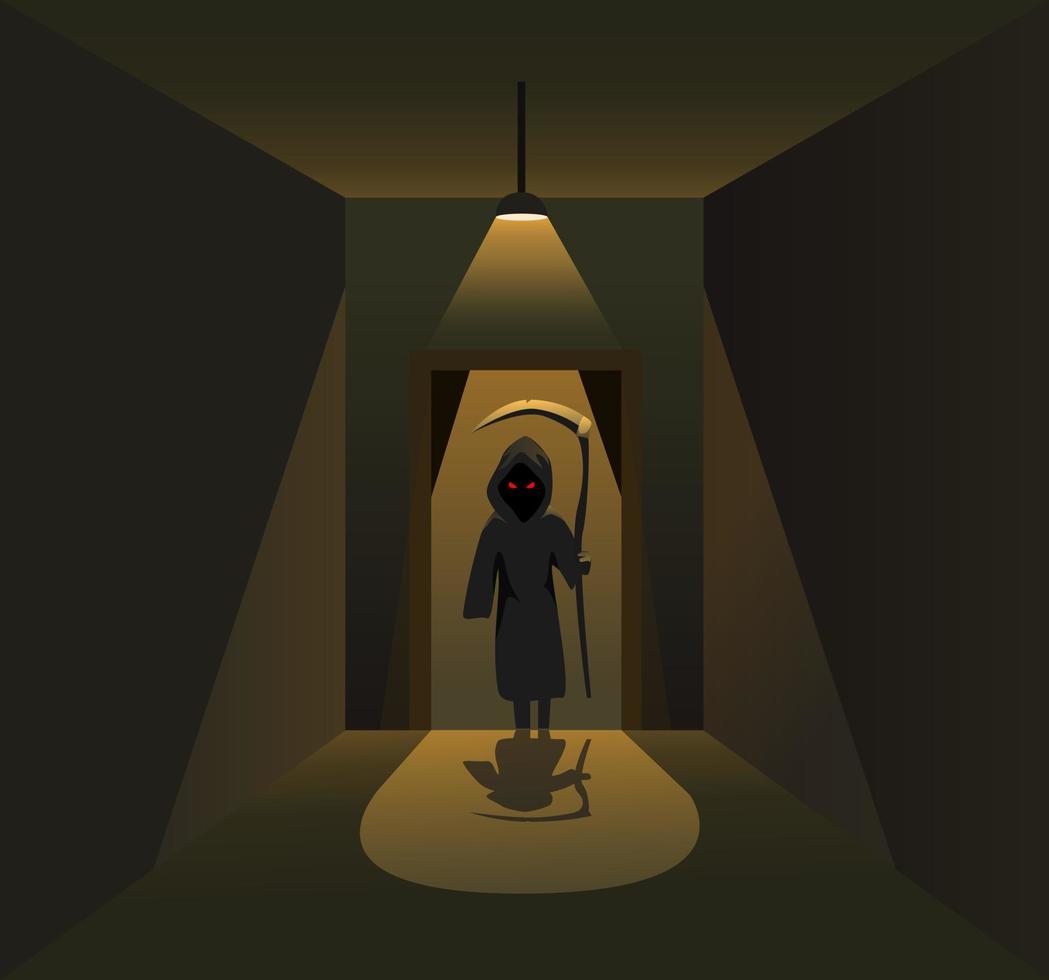 sillhouette del ángel asesino detrás de la puerta en el concepto de escena de horror de la habitación del pasillo oscuro en el vector de ilustración de dibujos animados