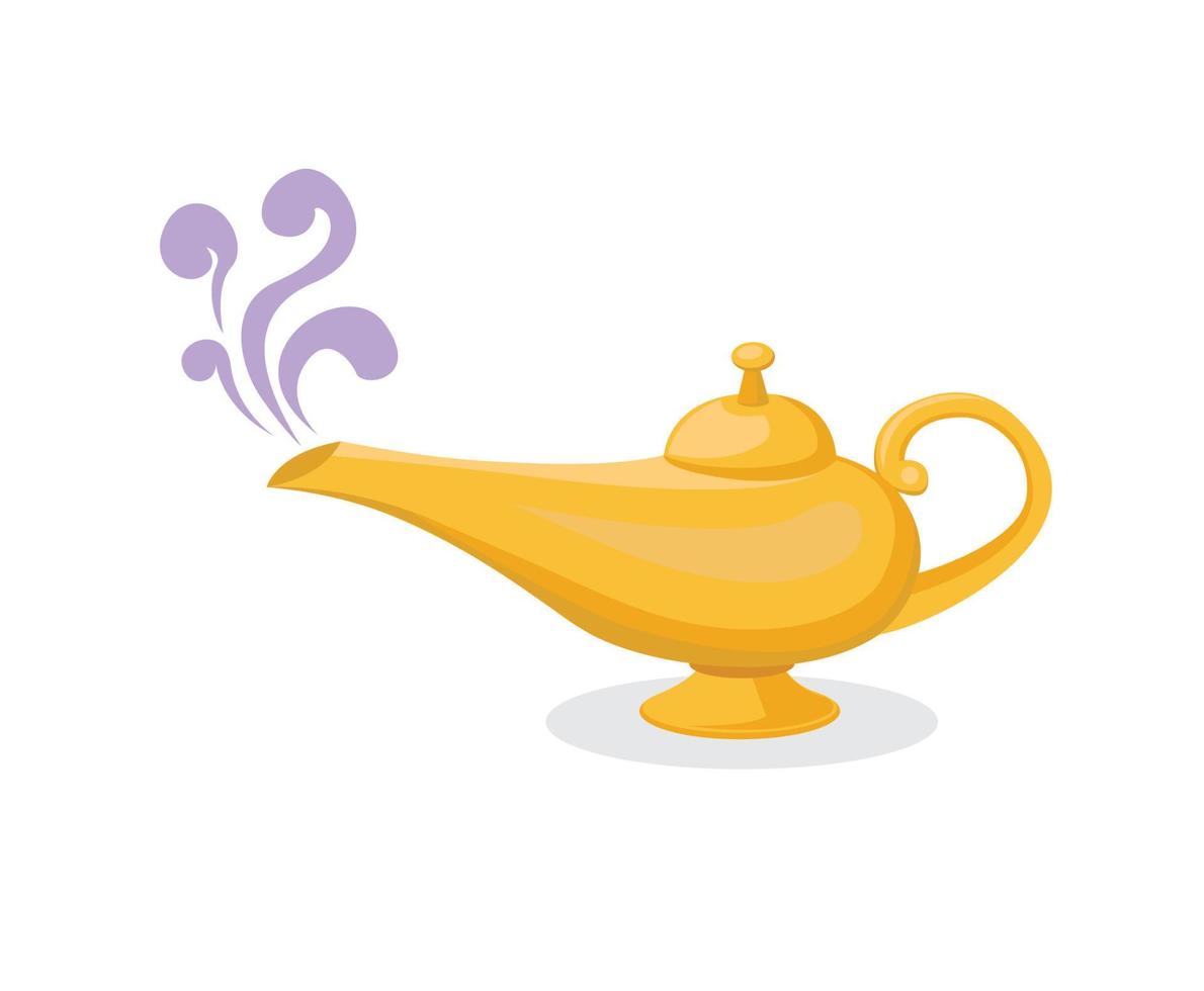 golden magic lamp with smoke flat illustration vector