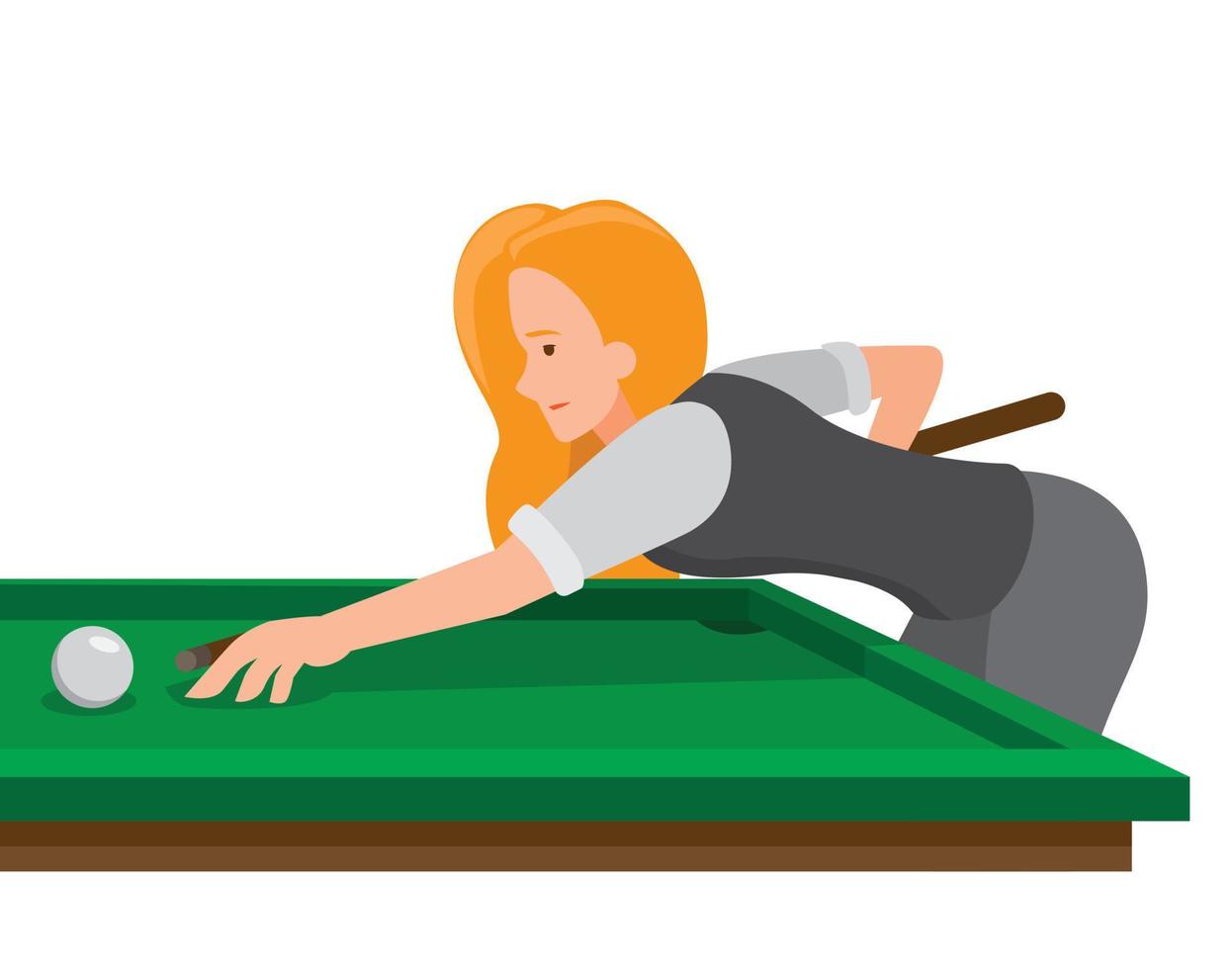 beautiful girl shooting ball with cue stick, woman playing billiard game in cartoon flat illustration editable vector