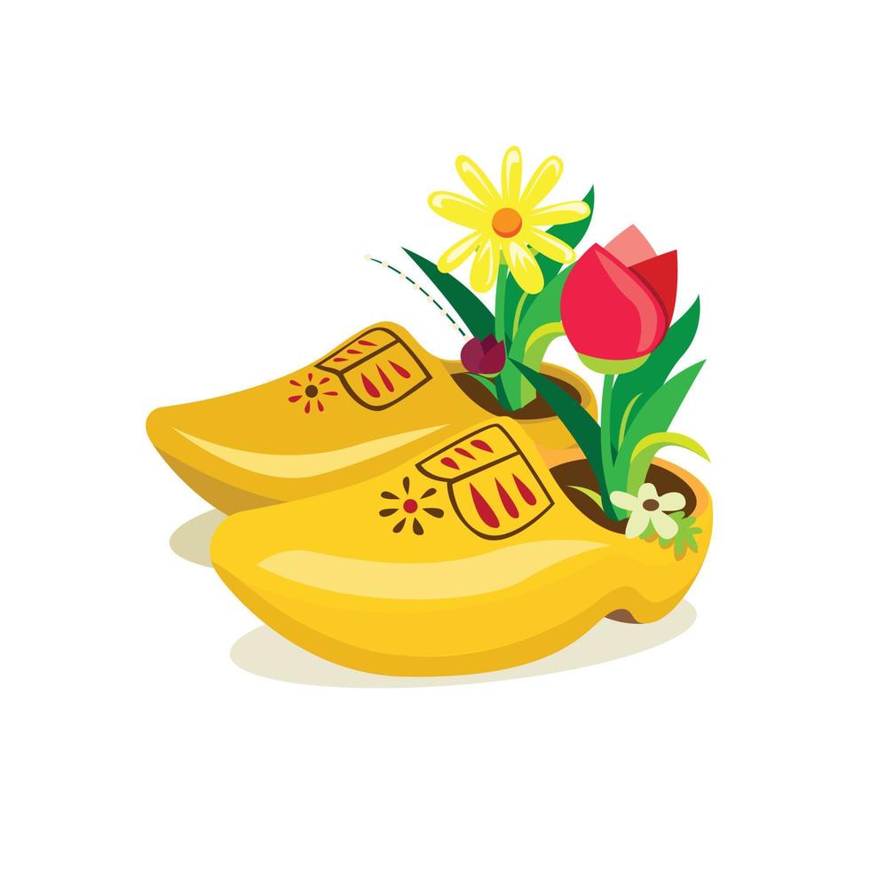 Zuecos holandeses, zapatos de madera tradicionales de Holanda con vector de ilustración realista de decoración de flores de tulipán