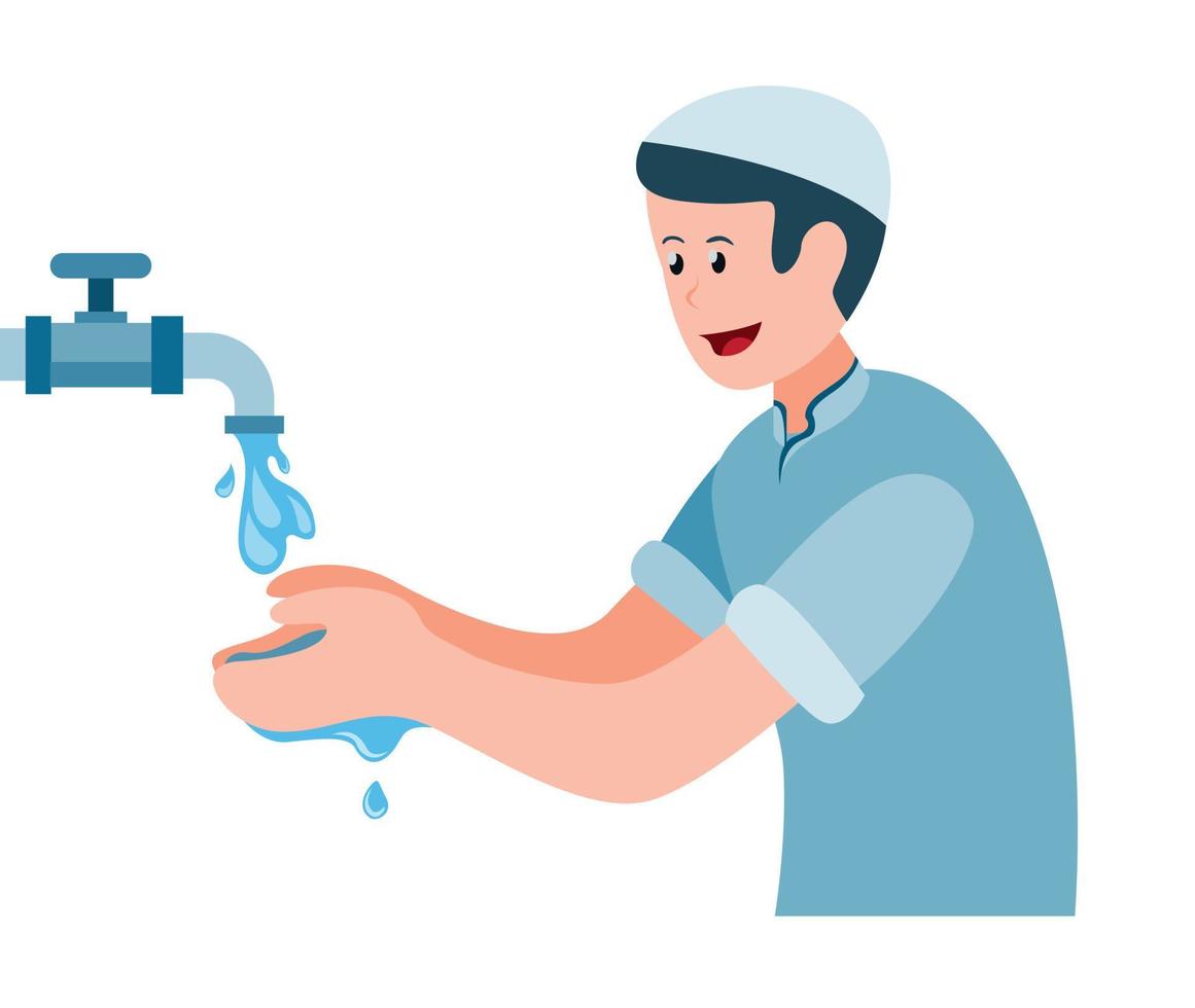 Hombre musulmán haciendo ablución, niño toma agua para lavarse las manos. vector de ilustración plana de dibujos animados aislado en fondo blanco