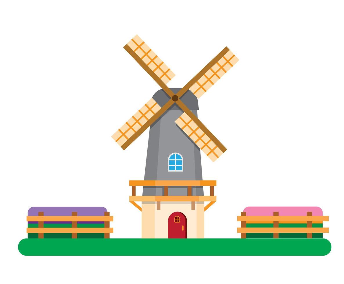 Dutch windmill between tulip fields, Holland traditional builiding for agricultural symbol in flat illustration editable vector