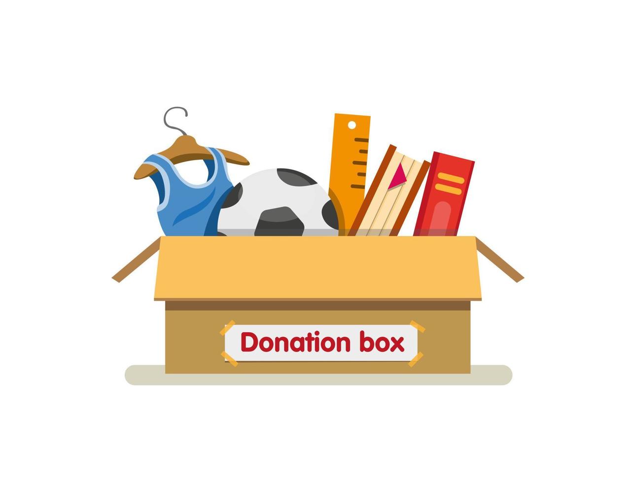 libros, juguetes y ropa en cartón de caja de donación listo para enviar para caridad en vector de ilustración plana de dibujos animados aislado en fondo blanco