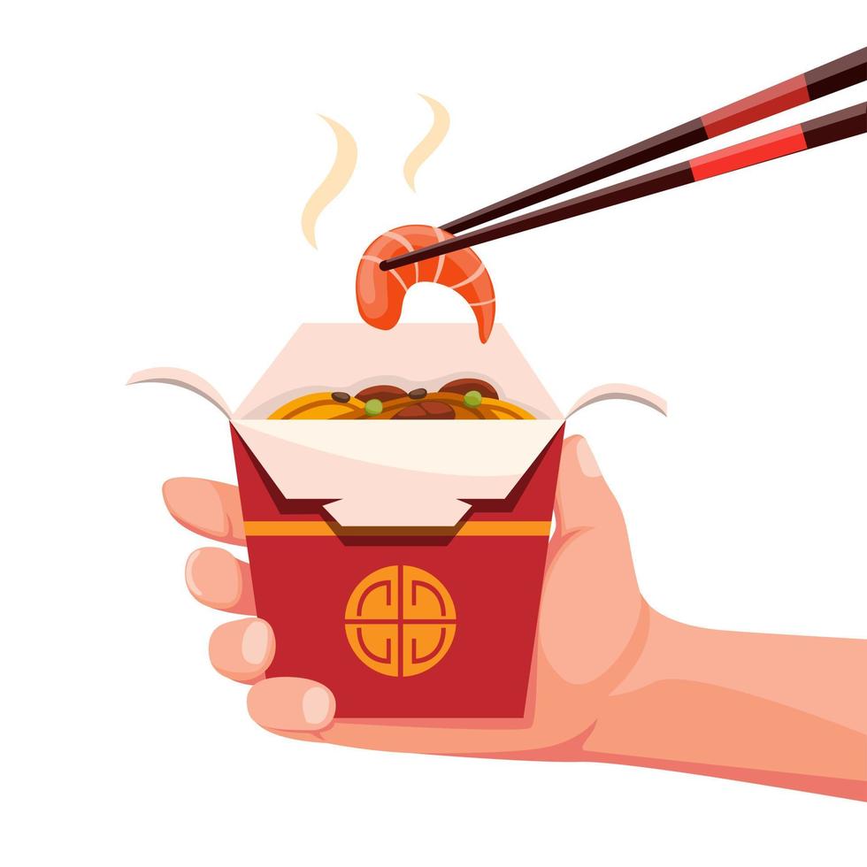 Hand Holding Rice Box Chinese Food with shrimp on chopstick, Noodles Seafood in Paper Box. Concept in cartoon flat illustration vector isolated in white background