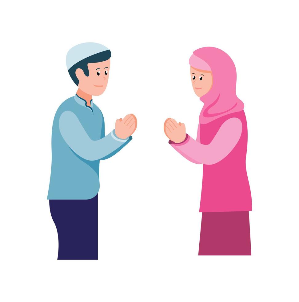 muslim boy and girl greeting to each other in ramadan muslim tradition flat illustration vector isolated in white background