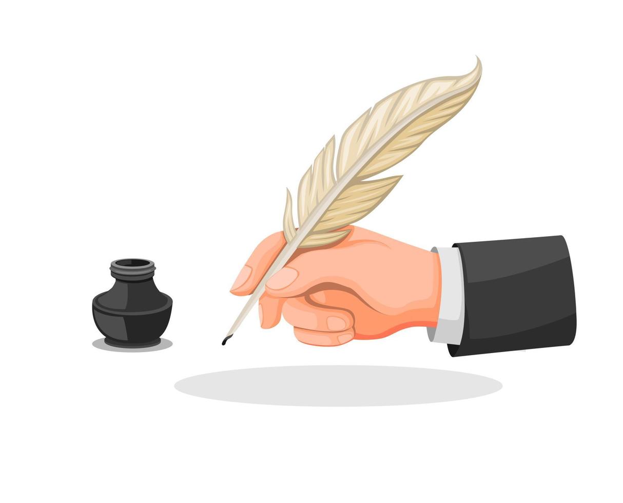 Hand Holding Feather Pen and Ink Well symbol icon set in Cartoon Illustration Vector isolated in White Background
