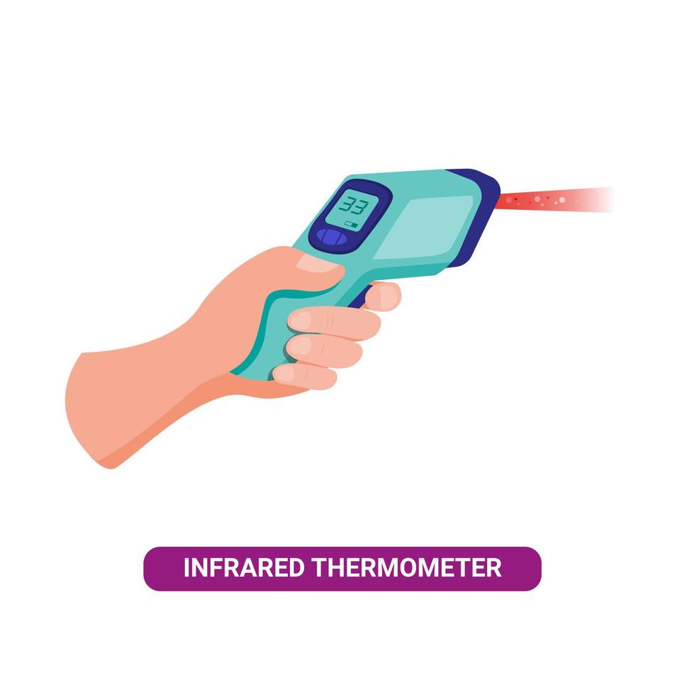 mano que sostiene el termómetro infrarrojo, detección de temperatura de calor a personas de infección por virus corona en vector de ilustración plana de dibujos animados aislado en fondo blanco