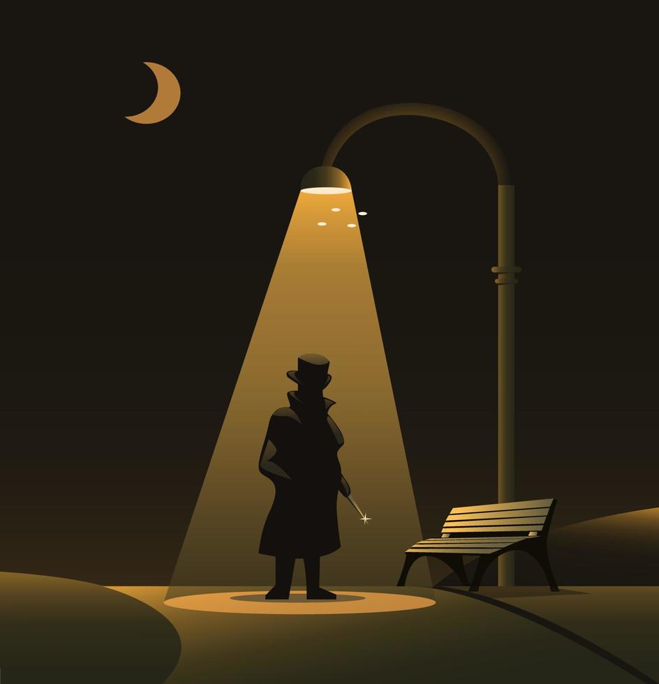 sillhouette de Jack el Destripador bajo la luz de la calle en el parque en la noche. vector de ilustración de concepto de escena de terror de leyenda urbana