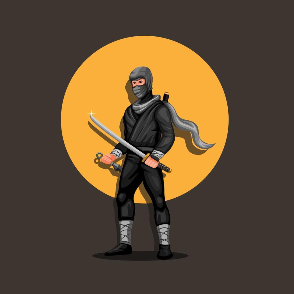 personaje de figura ninja de pie con puesta de sol de fondo. vector de ilustración de mascota de cultura japonesa ninja