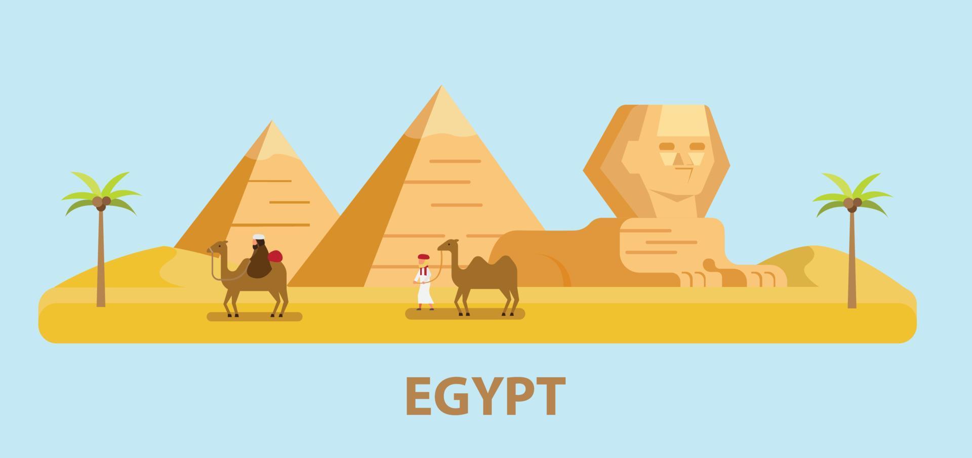 Viajar a Egipto, pirámide, esfinge y hombre con camello en vector de ilustración de diseño plano