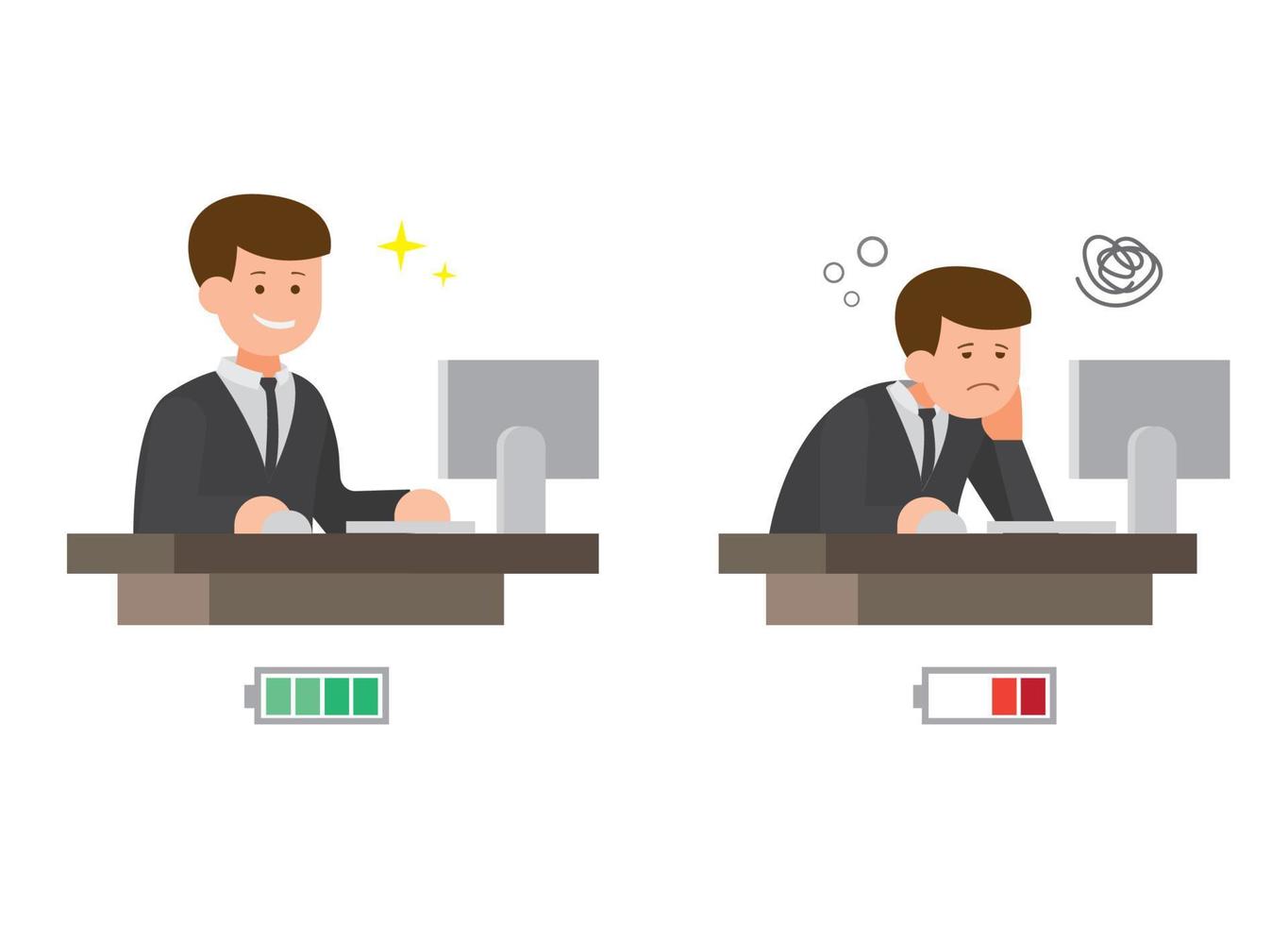 office worker fresh and tired with energy bar in flat illustration editable vector