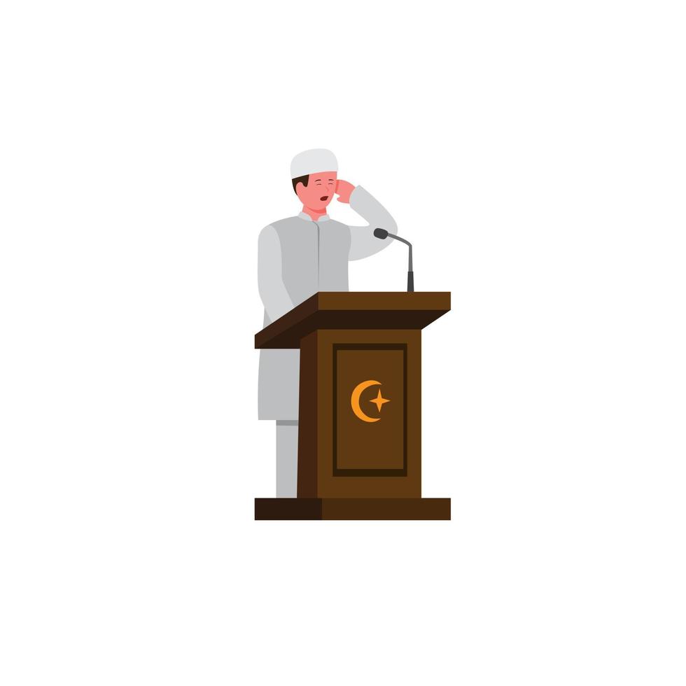 muslim man doing adzan for prayer call in podium with microphone in mosque, religious time prayer symbol cartoon flat illustration vector in white background