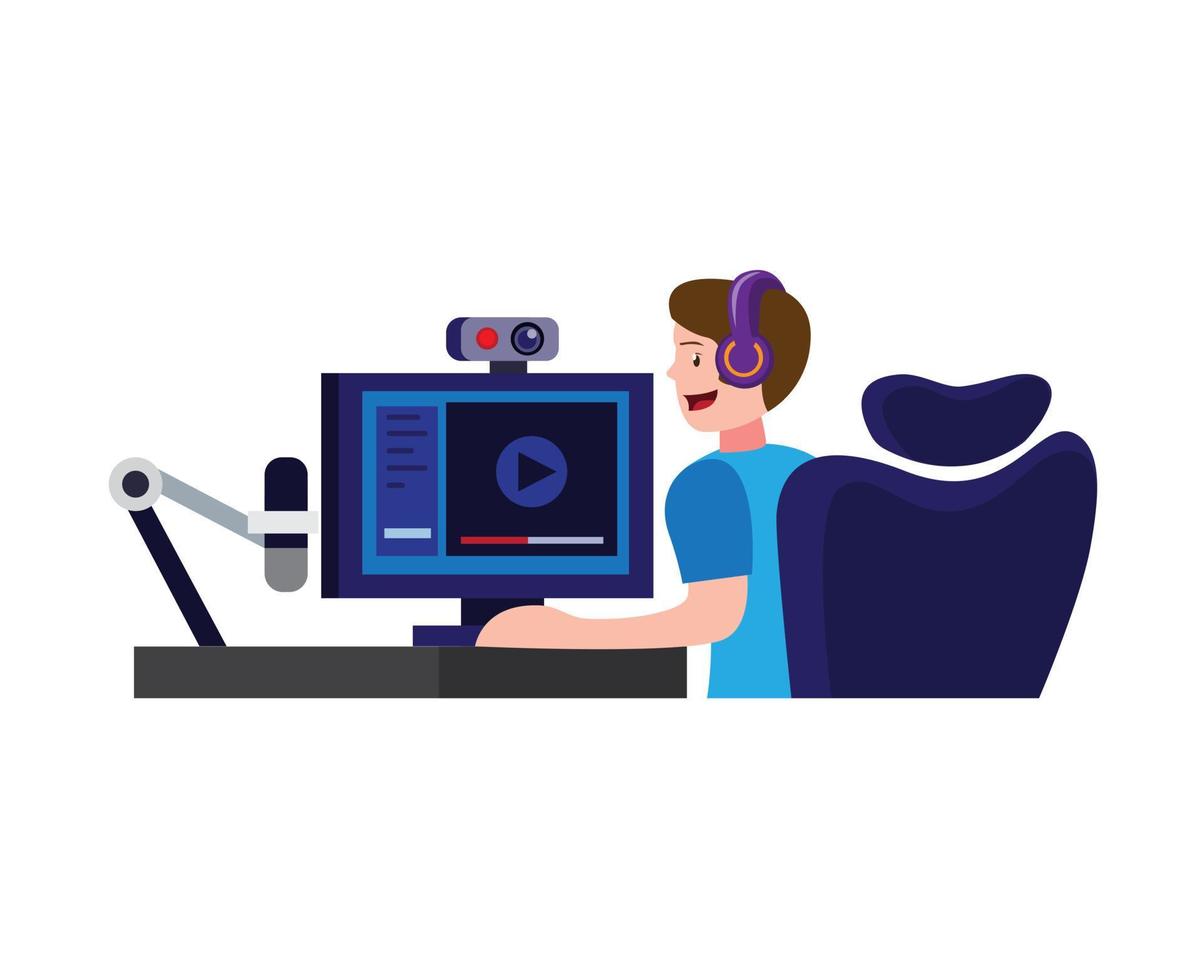 Hombre sentado en auriculares haciendo video o jugando juegos en vivo con cámara web y micrófono. vector de ilustración plana de dibujos animados de esport gamer o creador de contenido