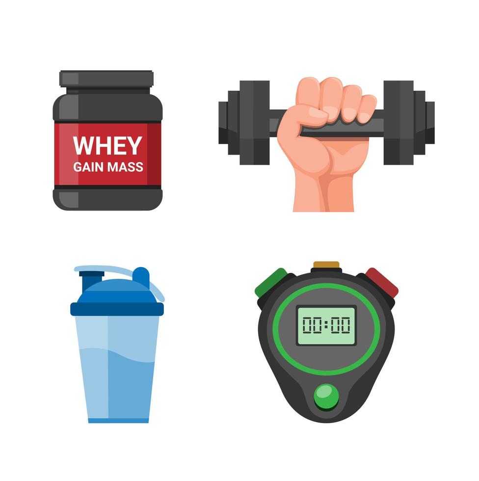 Gym symbol equipment,sport equipment gain mass supplement, digital stopwatch and dumbbell in cartoon flat illustration collection set vector in white background