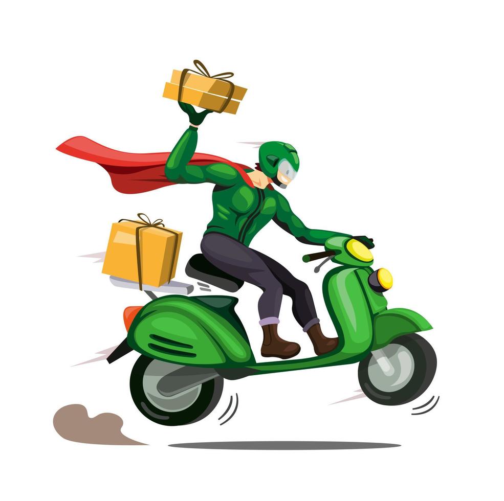 courier man with cloak delivery package to customer ride motorbike. character in cartoon comic illustration vector isolated in white background