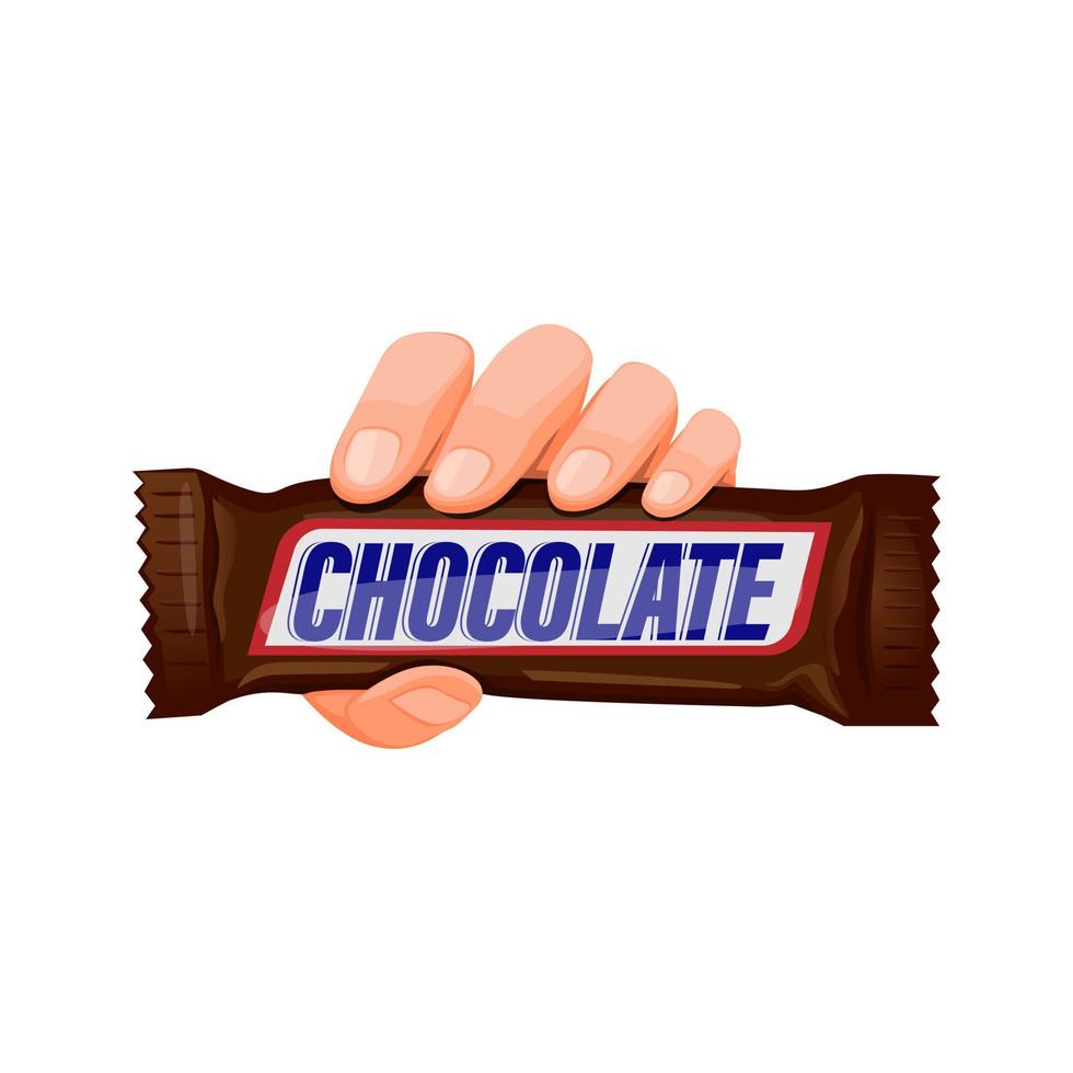 mano que sostiene la barra de chocolate en el vector de ilustración de dibujos animados aislado en fondo blanco