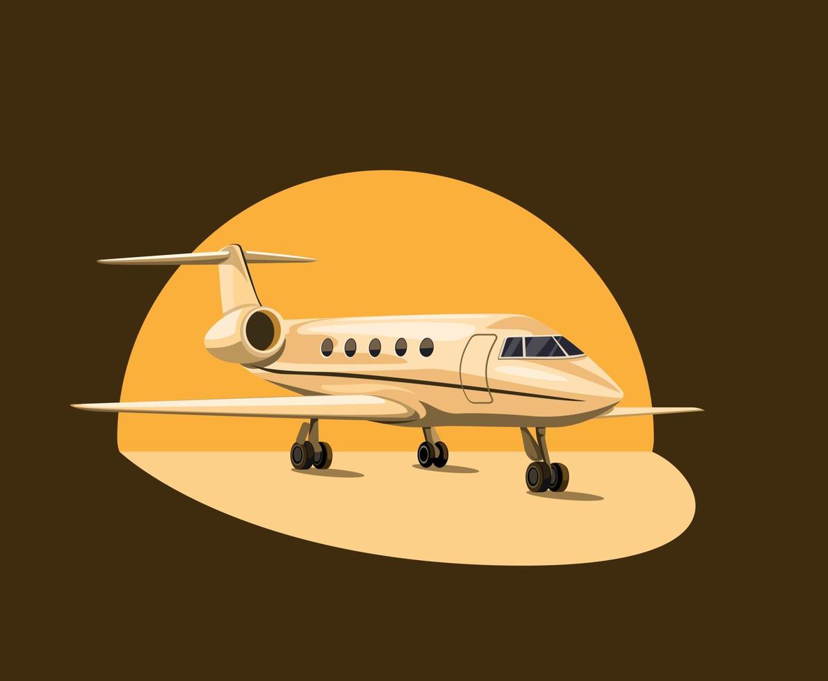 avión jet privado en concepto de puesta de sol en vector de ilustración de dibujos animados