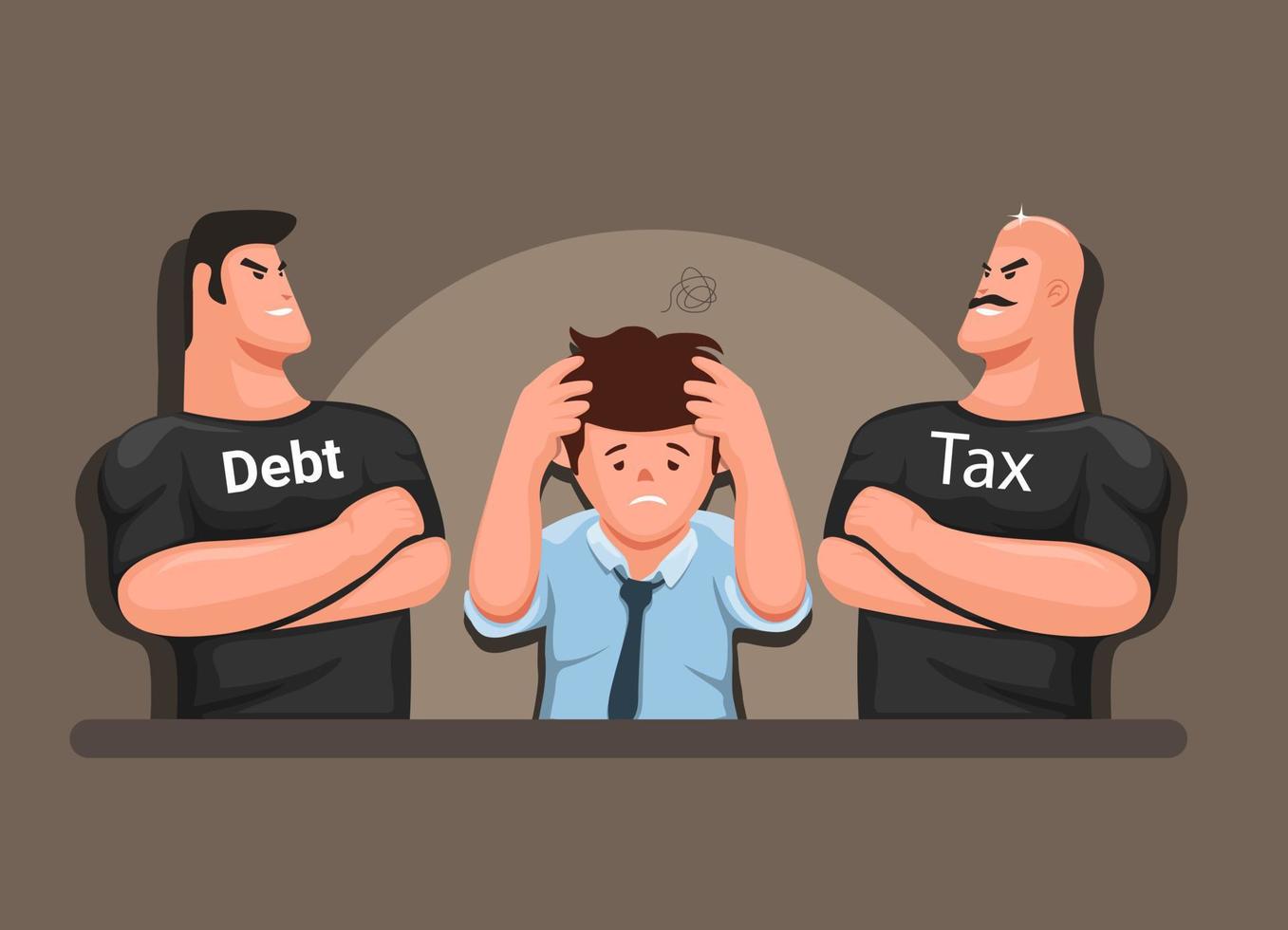 Stressed man with tax and debt collectors, finance management business symbol cartoon illustration vector