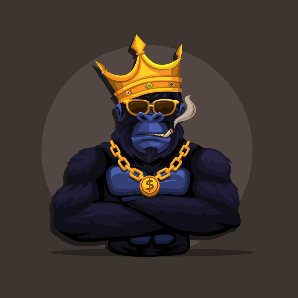 gorila, rey kong, mono, usar, corona, y, fumar, mascota, símbolo, caricatura, ilustración, vector