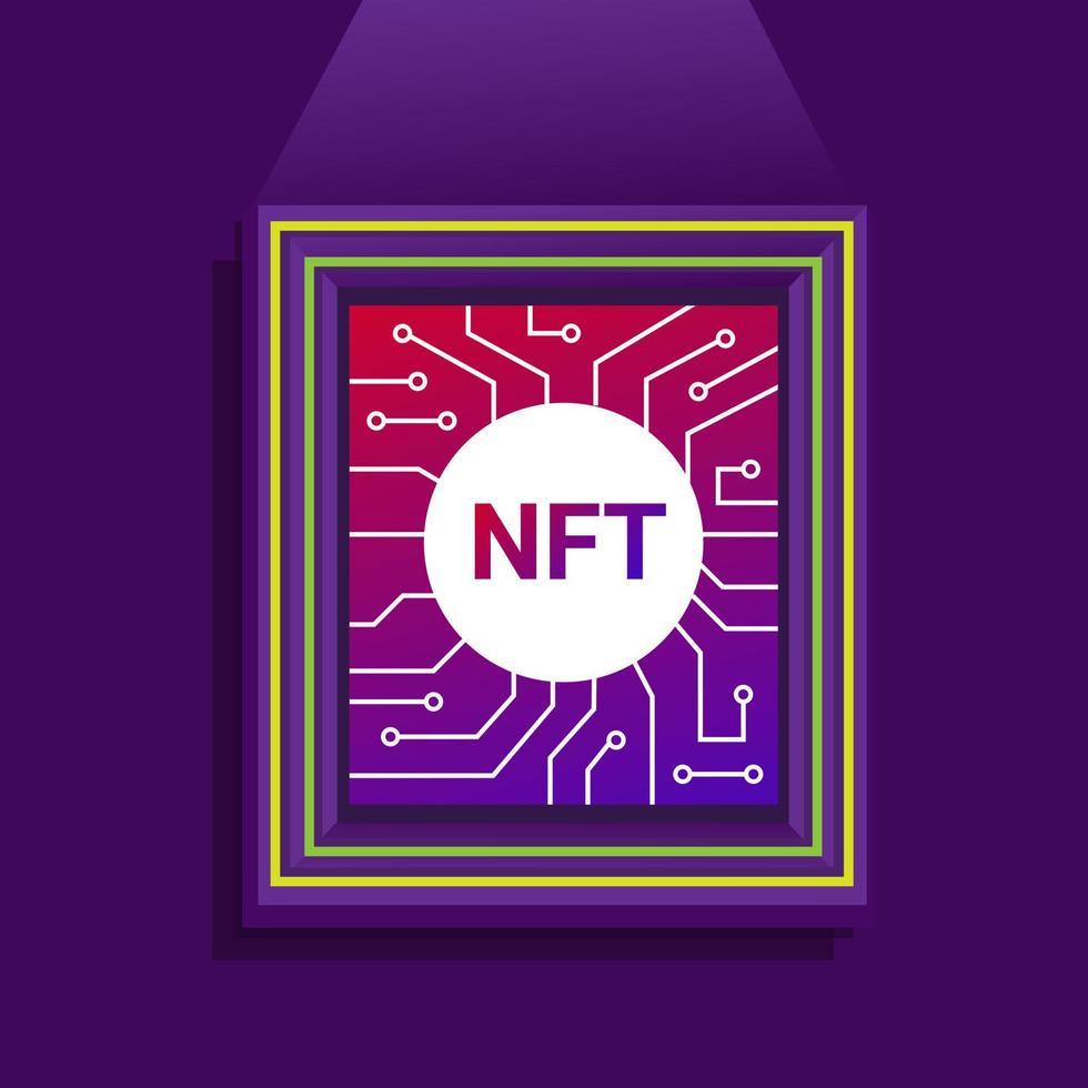 nft art en marco. nft es un comercio de arte de token no fungible con vector de ilustración de símbolo de criptomoneda