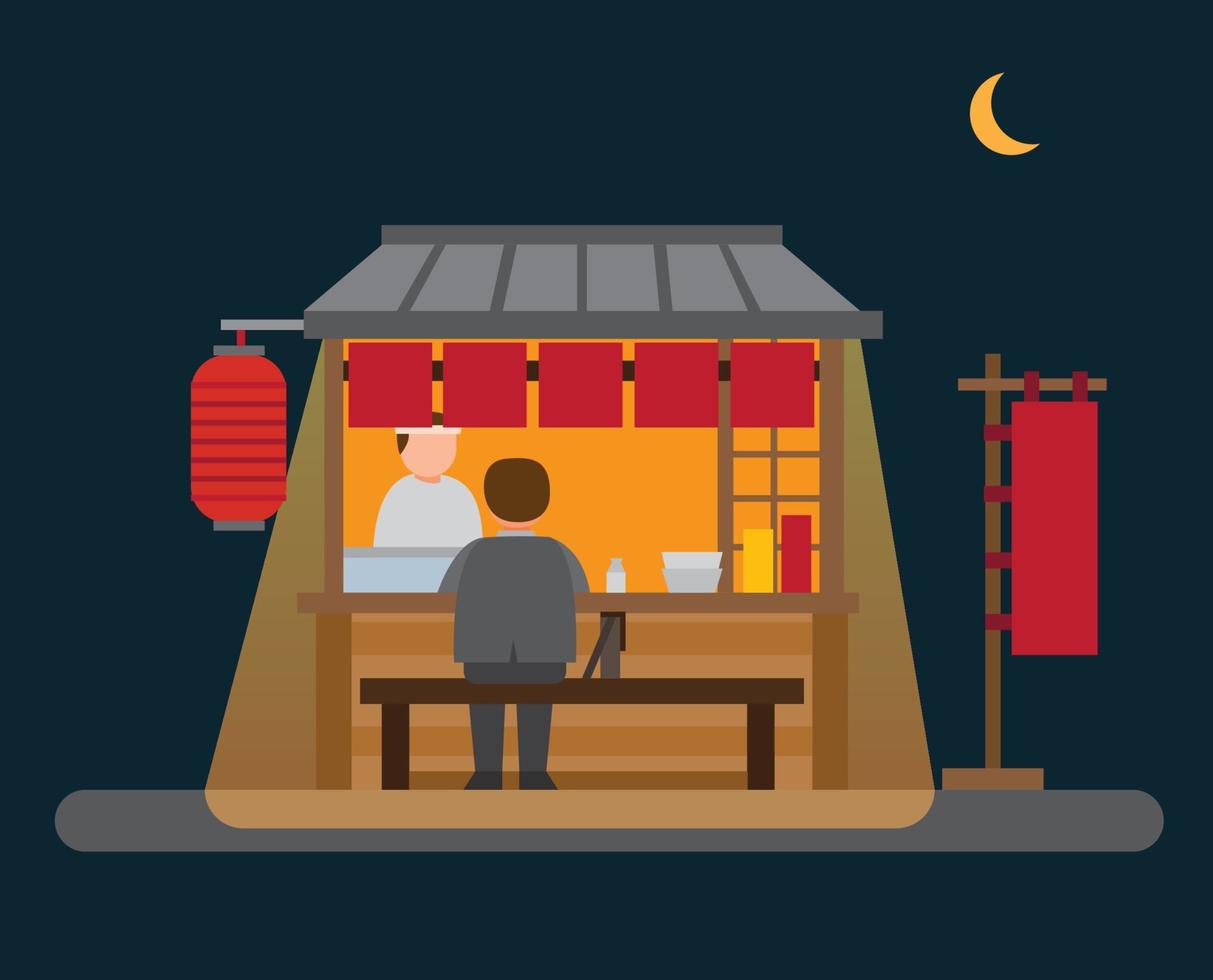 puesto de comida japonesa, vendedor ambulante en vector plano de ilustración nocturna
