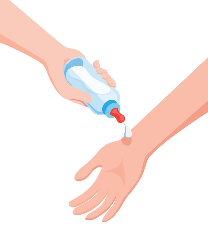 Mom checking baby milk bottle heat temperature in arm, hand holding bottle cartoon flat illustration editable vector