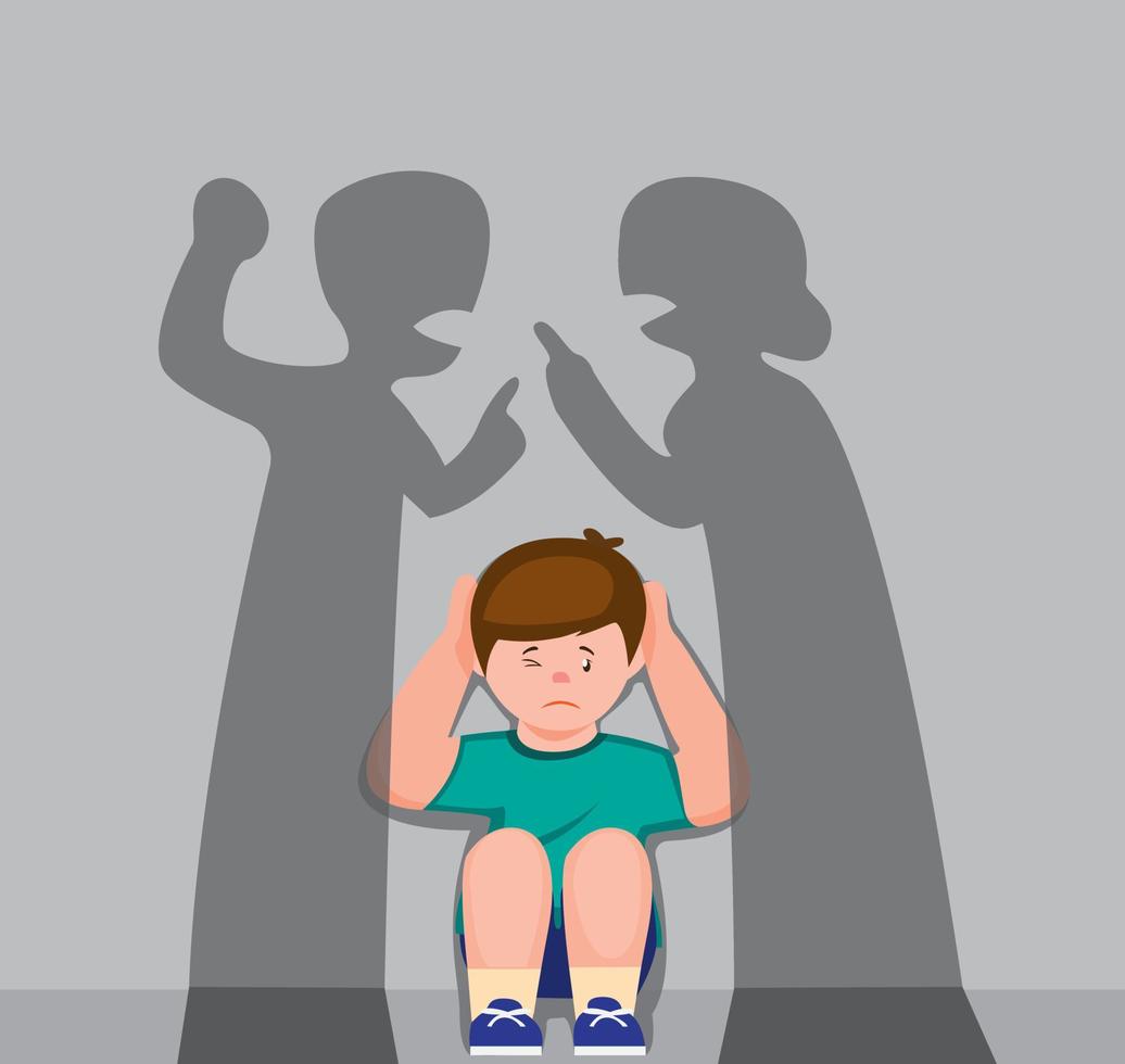 little boy close ear behind shadow sillhouette parent fight, upset tired son suffering from mom and dad arguing, parental conflicts hurt kid cartoon flat illustration vector